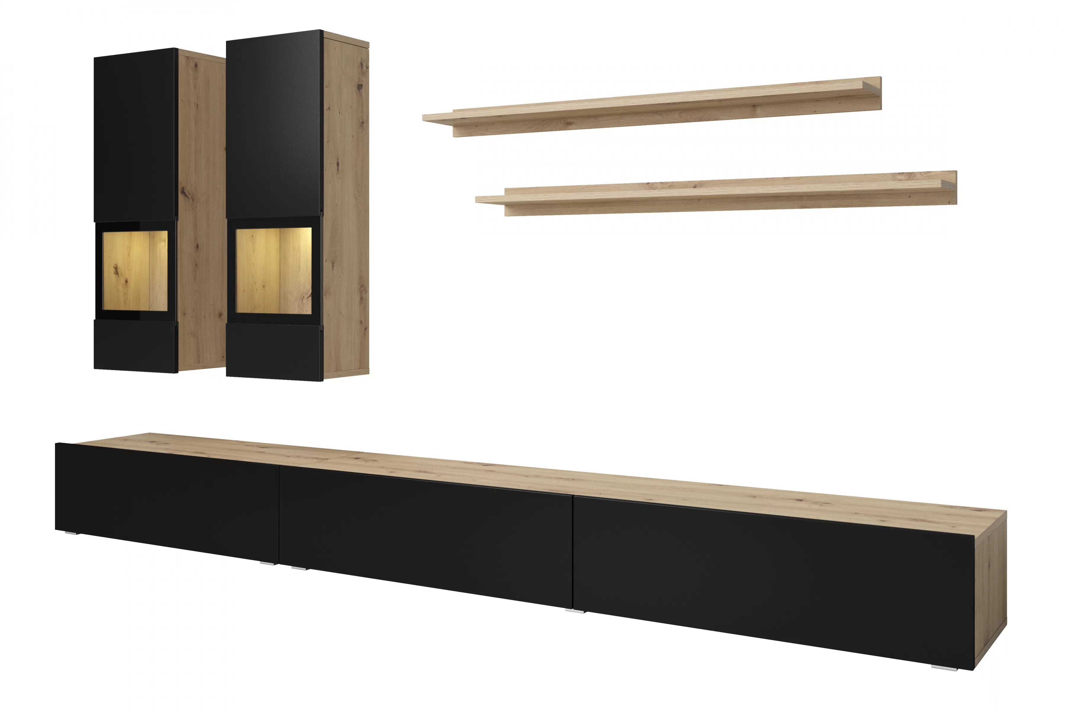 Obývacia stena Baros 10 - dub artisan / čierny mat Obývacia stena do obývacej izby Baros 10 - Dub artisan / Čierny mat