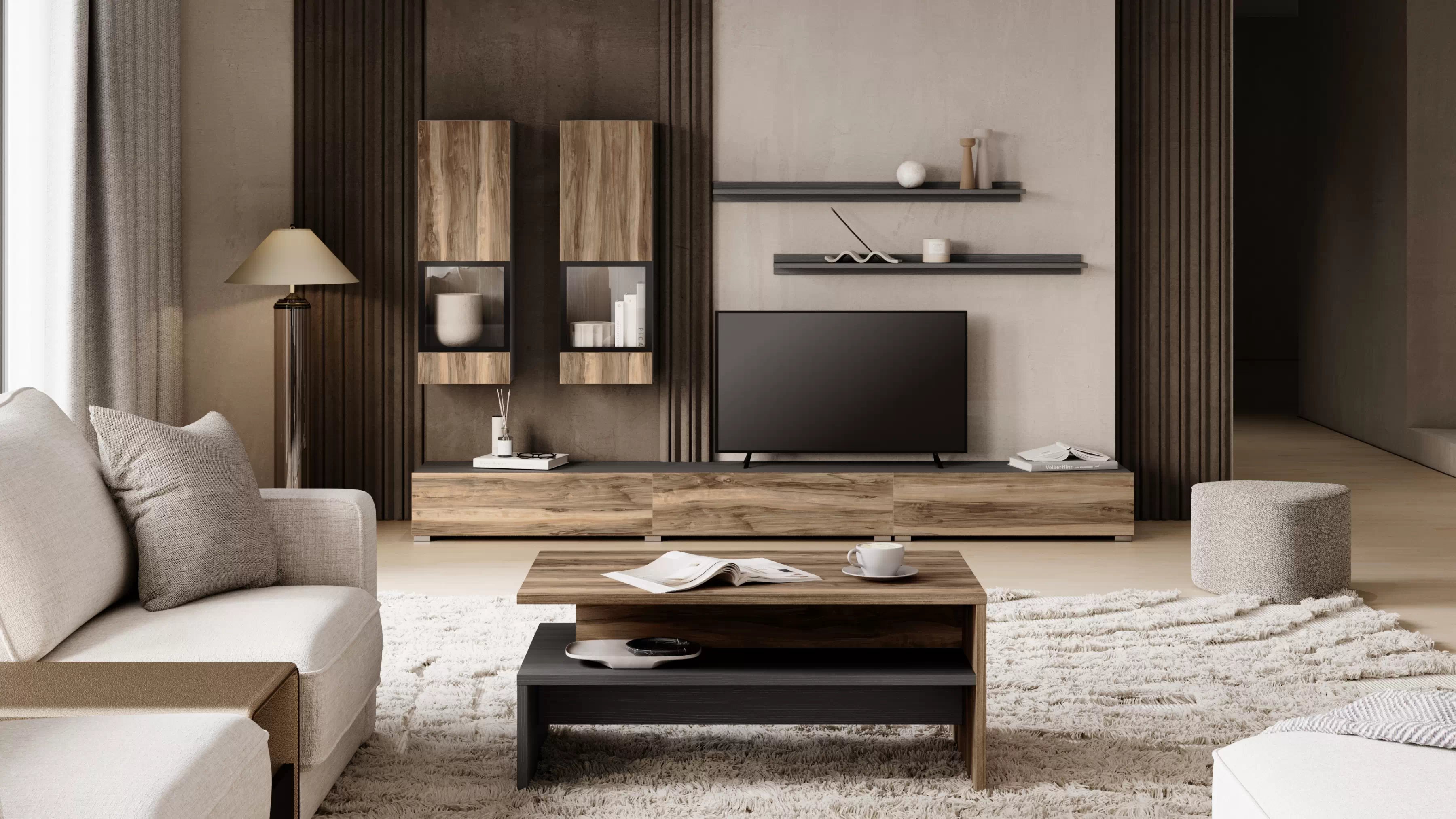 Obývací stěna Baros 270 cm - touchwood / ořech satin Obývací stěna pro obývacího pokoje Baros 10 - touchwood / ořech sattin