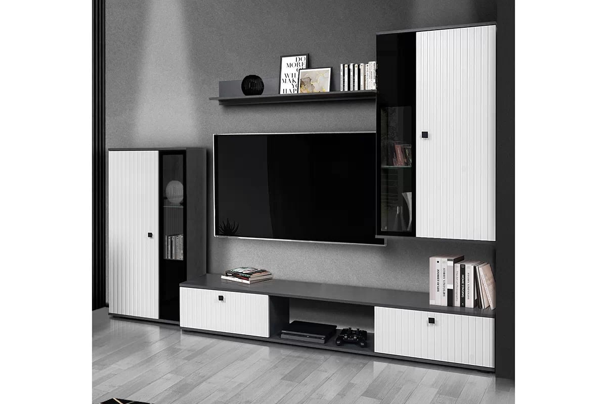 Obývacia stena Kaja s lamelami - biela / matera čierny Biela Obývacia stena z lamelami