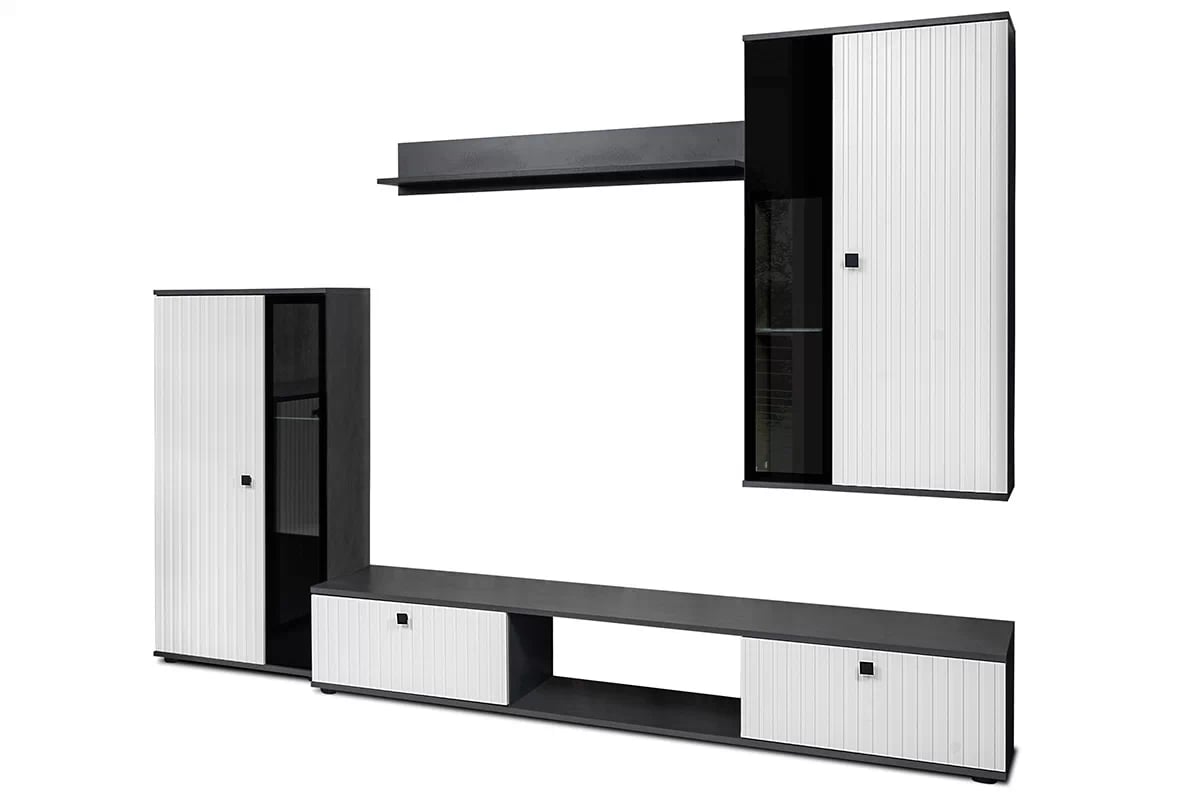 Obývacia stena Kaja s lamelami - biela / matera čierny Biela Obývacia stena .