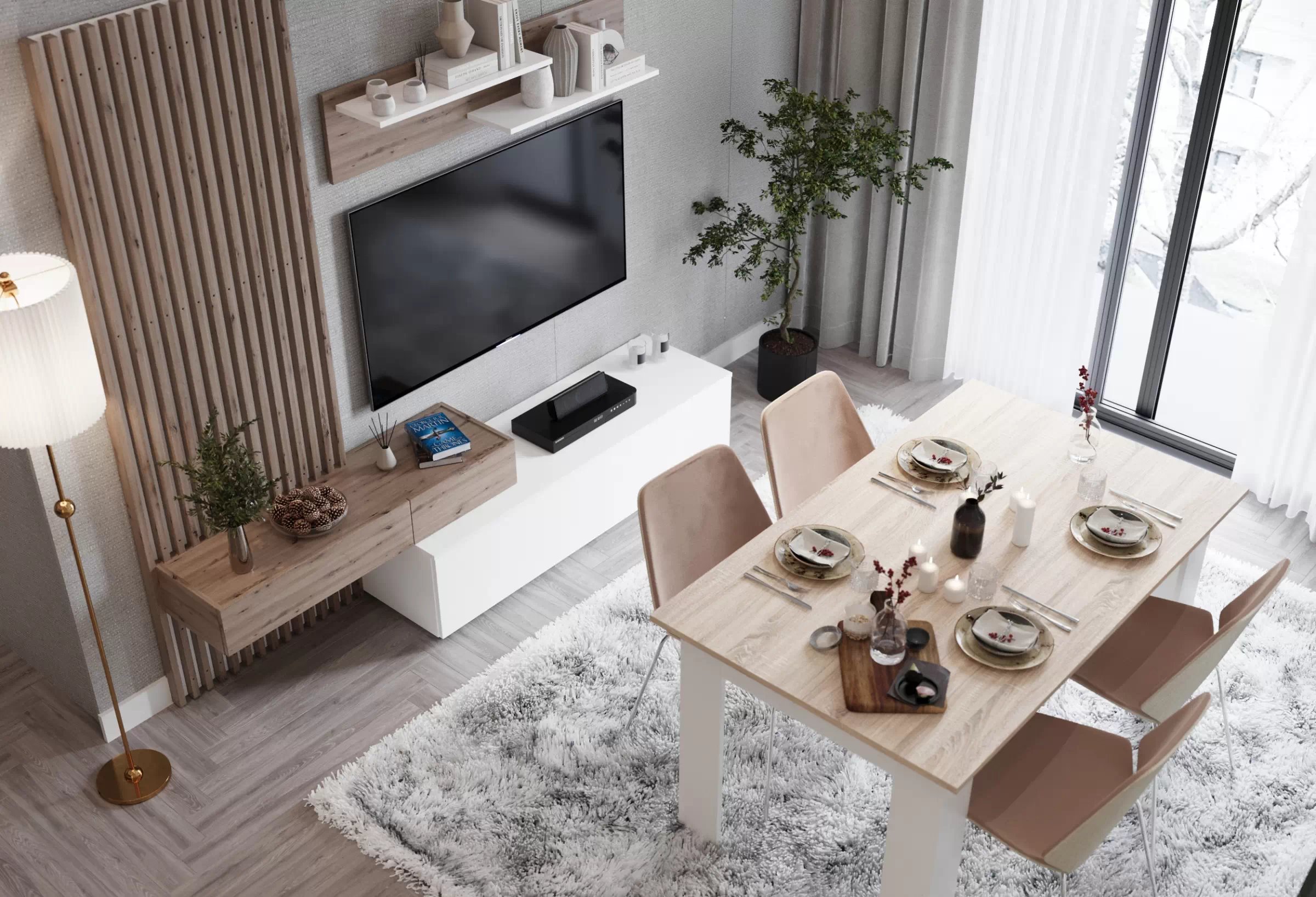 Obývacia stena Lucimo 210 cm s lamelami - biela / dub artisan Obývacia stena Lucimo 200 cm - Biely / Dub artisan