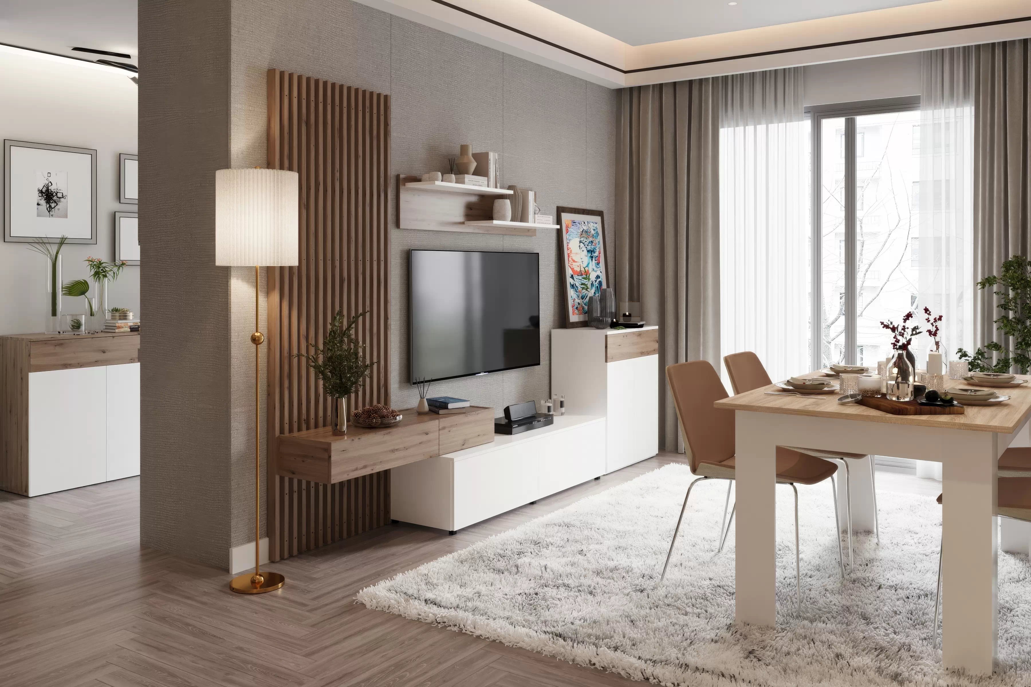 Obývacia stena Lucimo 210 cm s lamelami - biela / dub artisan Obývacia stena Lucimo 200 cm - Biely / Dub artisan