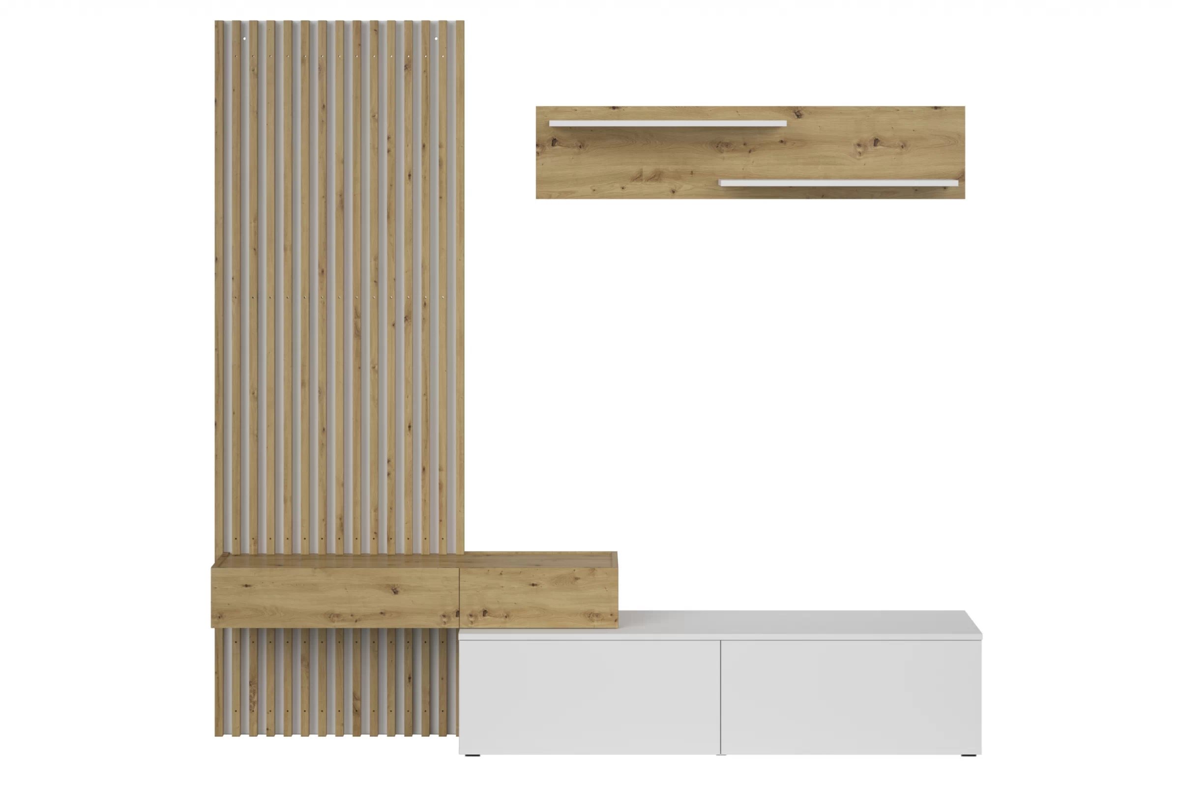 Obývacia stena Lucimo 210 cm s lamelami - biela / dub artisan Obývacia stena Lucimo 200 cm - Biely / Dub artisan