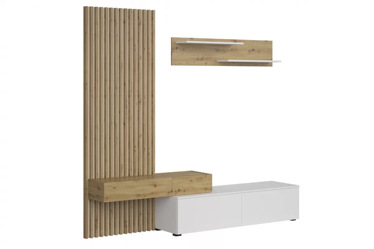 Obývacia stena Lucimo 210 cm s lamelami - biela / dub artisan Obývacia stena Lucimo 200 cm - Biely / Dub artisan