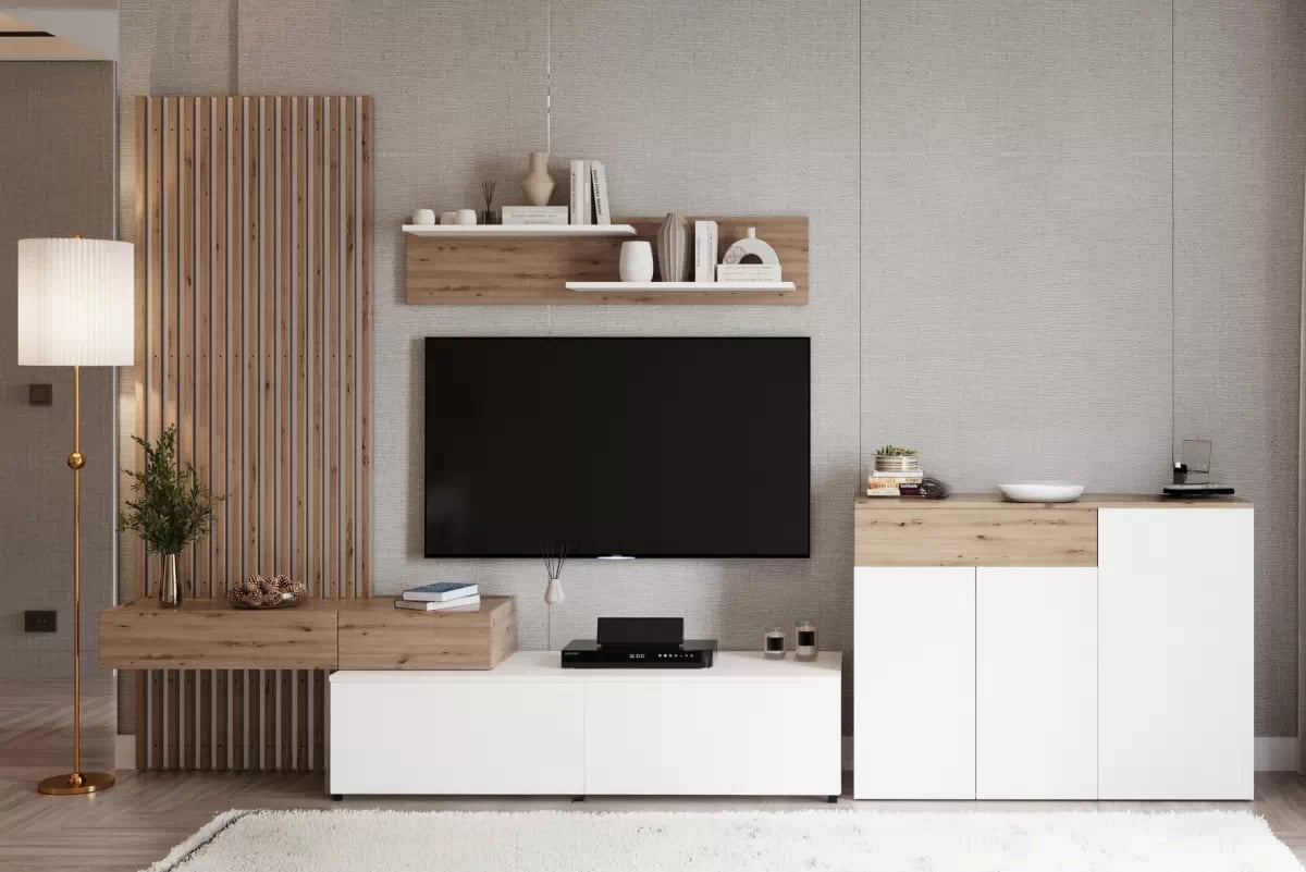 Obývacia stena Lucimo 210 cm s lamelami - biela / dub artisan Obývacia stena Lucimo 210 cm z lamelami - Biely / Dub artisan