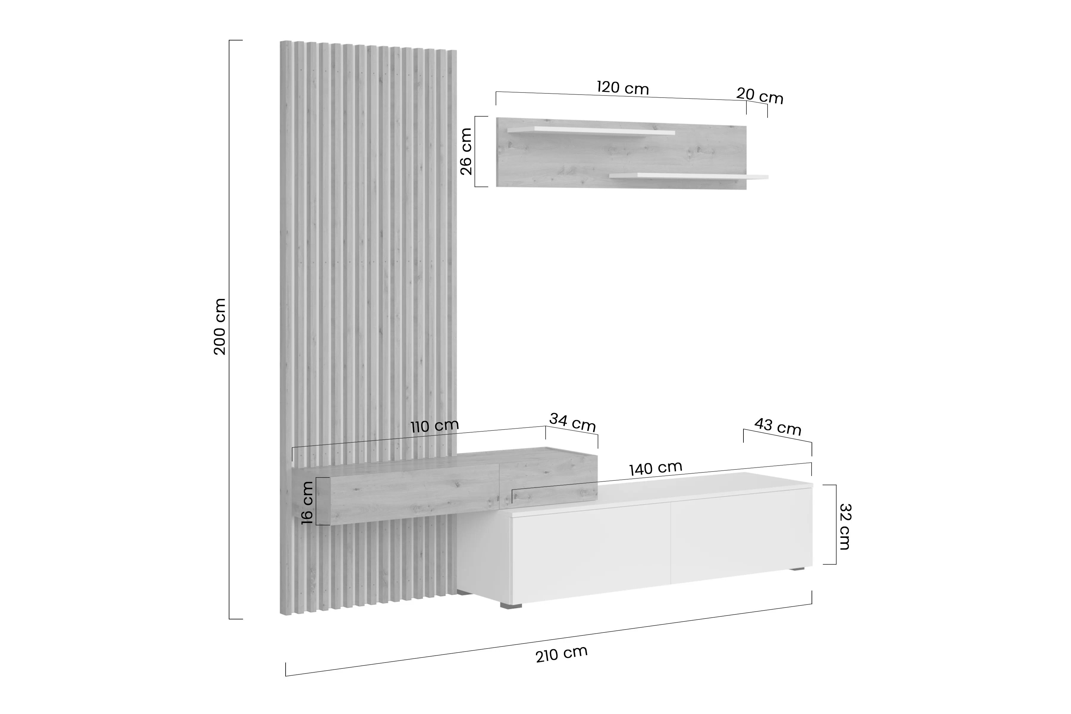 Obývací stěna Lucimo 210 cm s lamelami - černá / dub artisan Obývací stěna Lucimo 210 cm z lamelami - černá / dub artisan