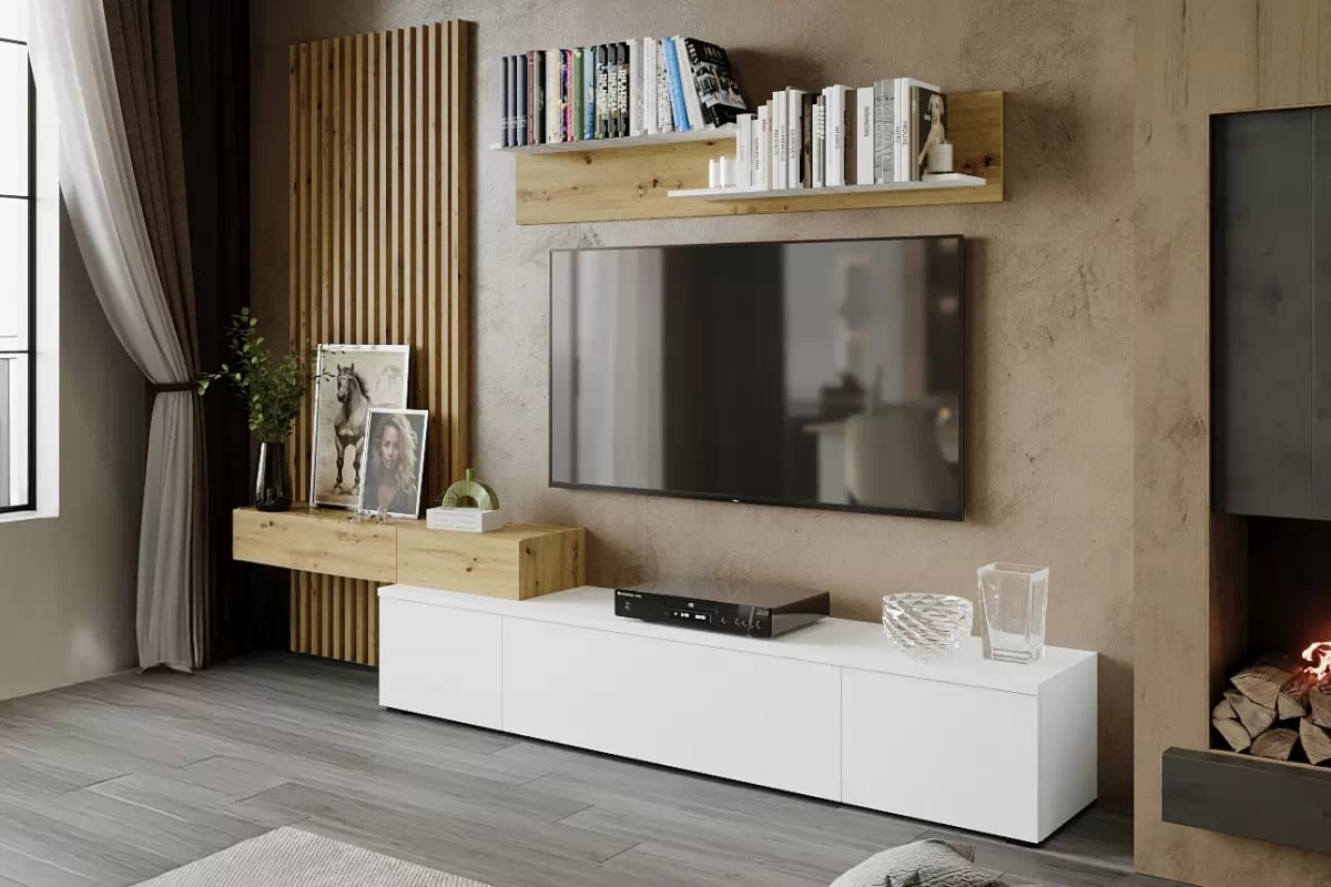 Obývacia stena Lucimo 250 cm s lamelami - biela / dub artisan Obývacia stena Lucimo 250 cm z lamelami - Biely / Dub artisan