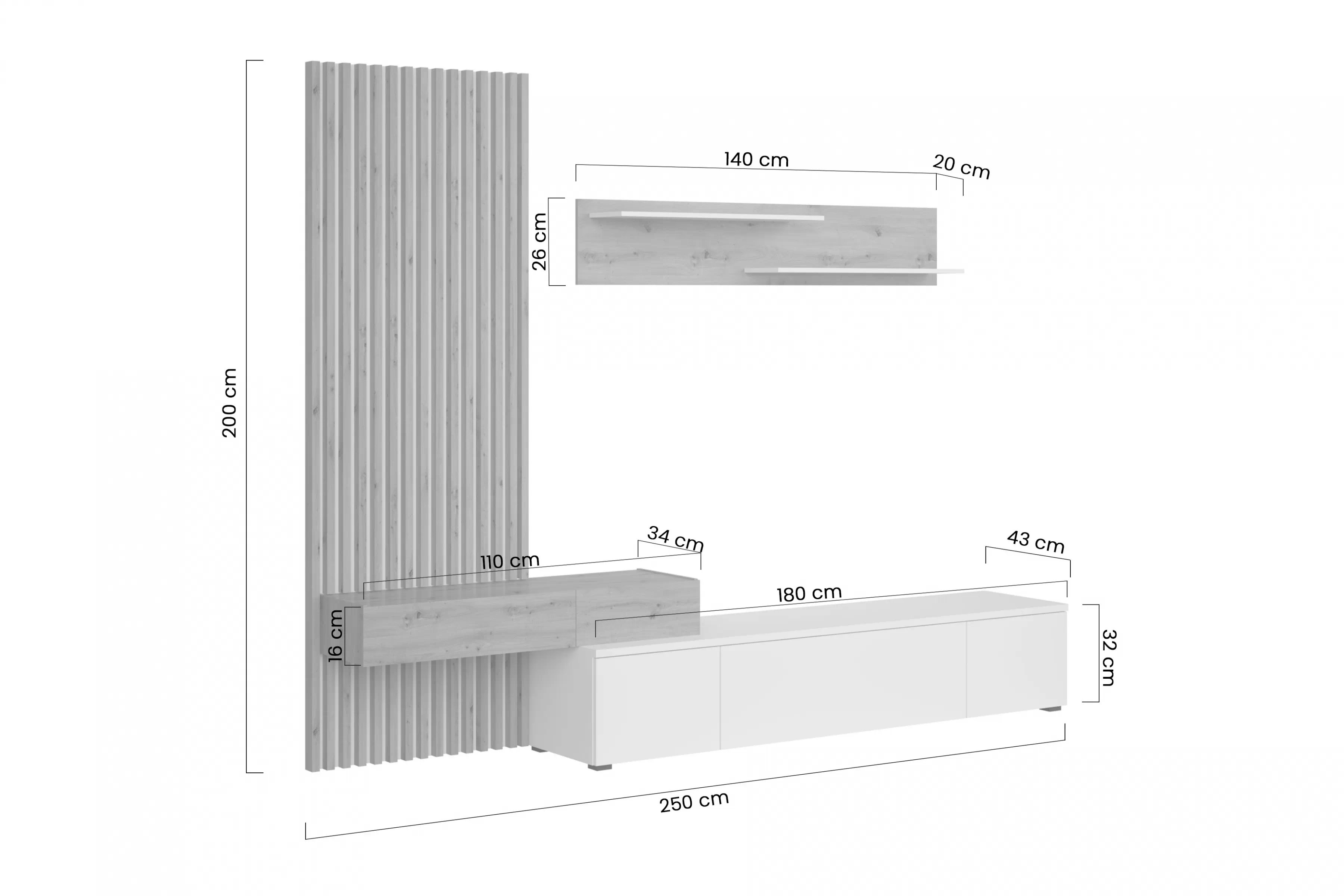 Obývacia stena Lucimo 250 cm s lamelami - biela / dub artisan Obývacia stena Lucimo 250 cm z lamelami - Biely / Dub artisan