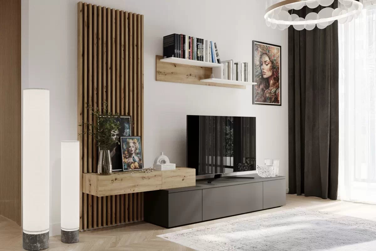 Obývacia stena Lucimo 250 cm s lamelami – čierna / dub artisan Obývacia stena Lucimo 250 cm z lamelami - Čierny / Dub artisan