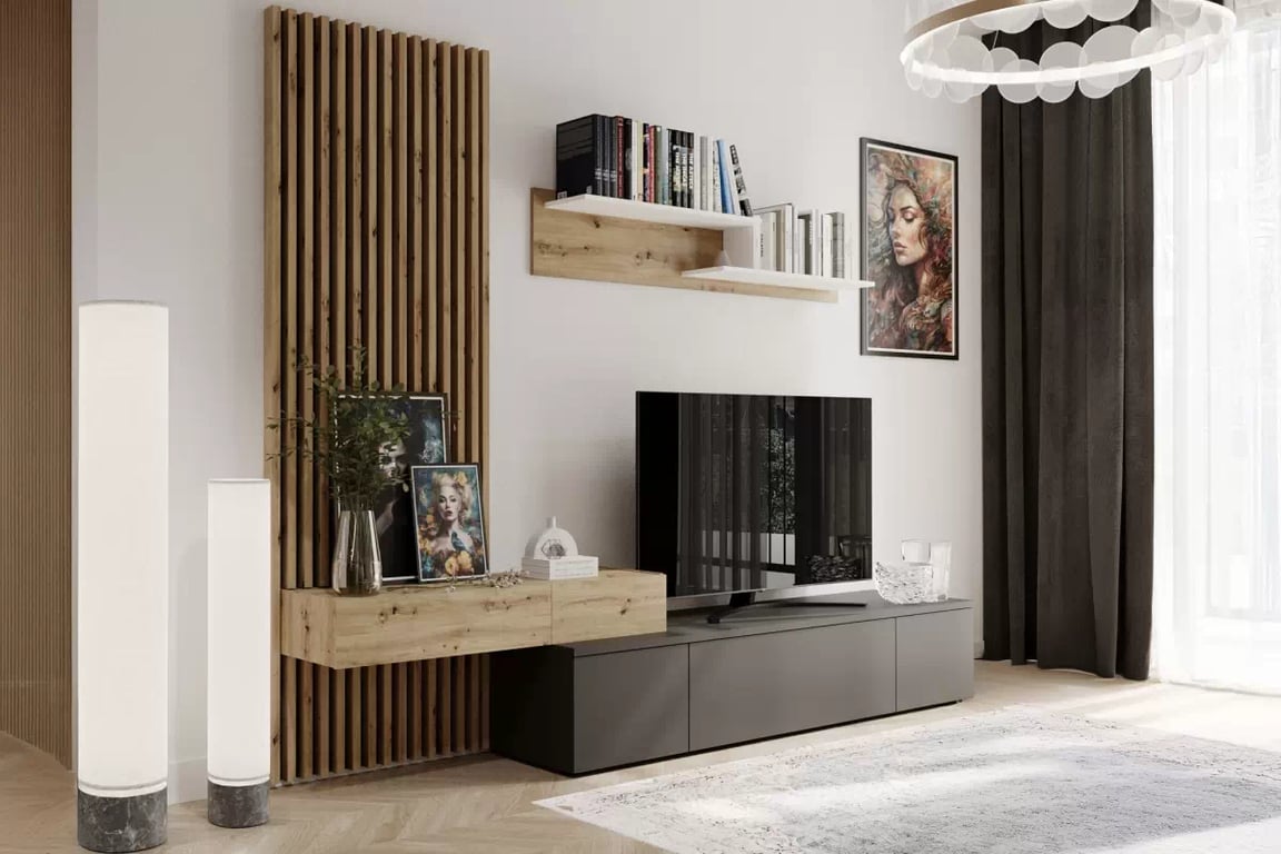 Lucimo nappali szekrénysor 250 cm lamellákkal - fekete / artisan tölgy Mebloscianka Lucimo 250 cm z lamelami - fekete / dab artisan