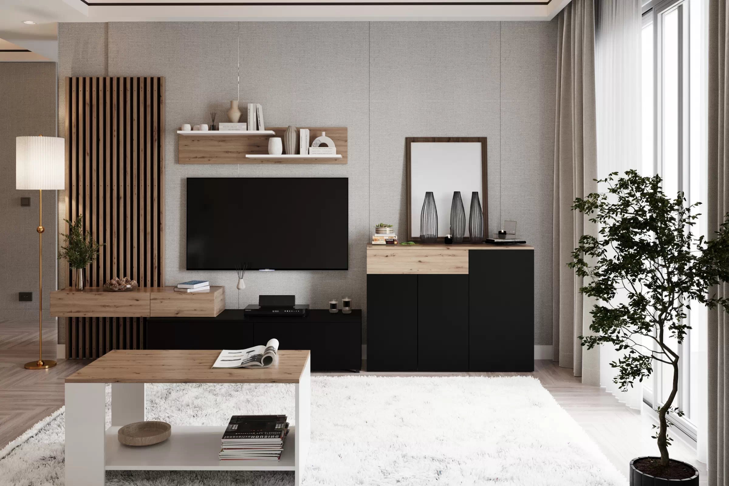 Obývací stěna Lucimo 210 cm s lamelami - černá / dub artisan Obývací stěna z lamelami Lucimo 200 cm - černá / dub artisan