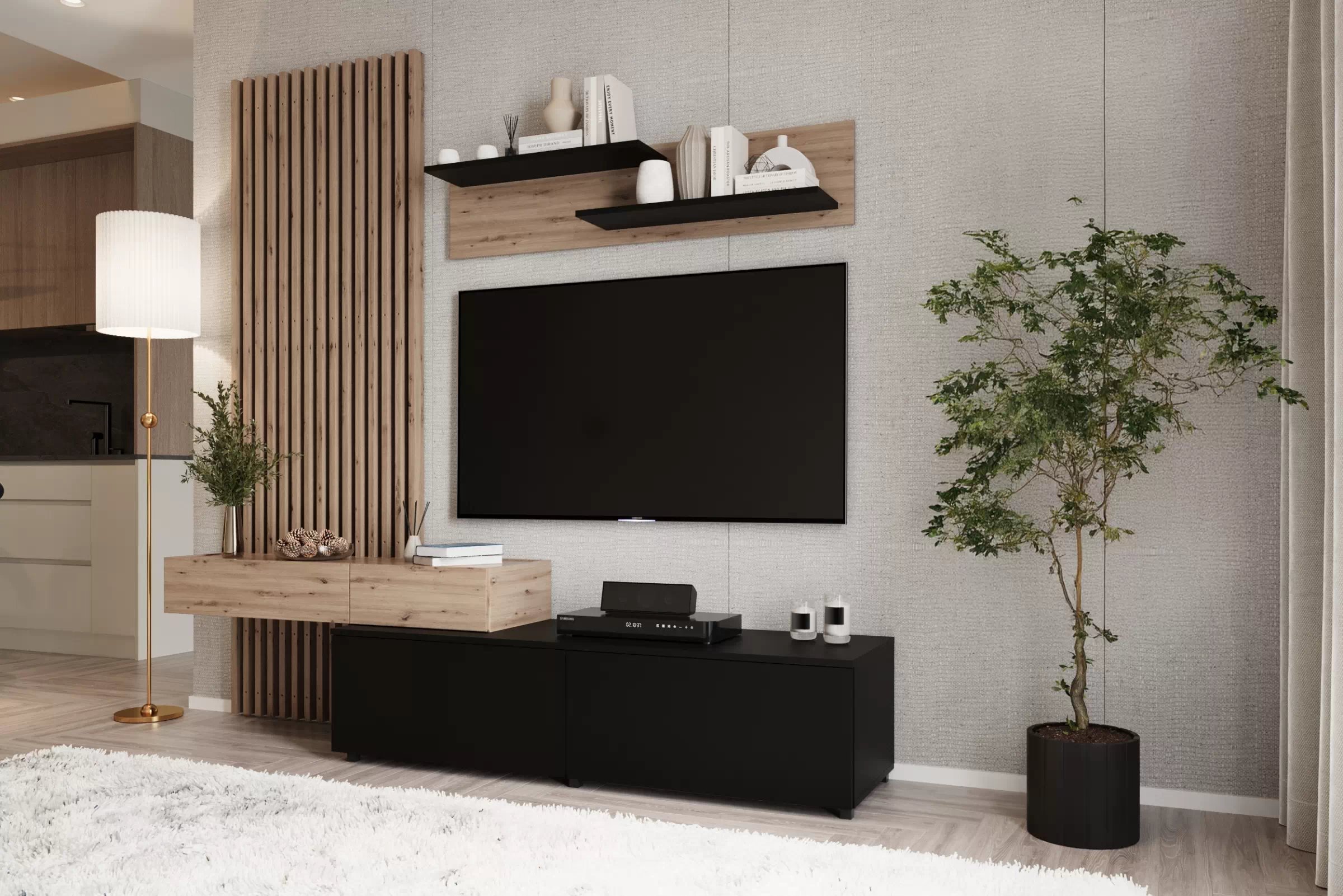 Obývací stěna Lucimo 210 cm s lamelami - černá / dub artisan Obývací stěna z lamelami Lucimo 200 cm - černá / dub artisan