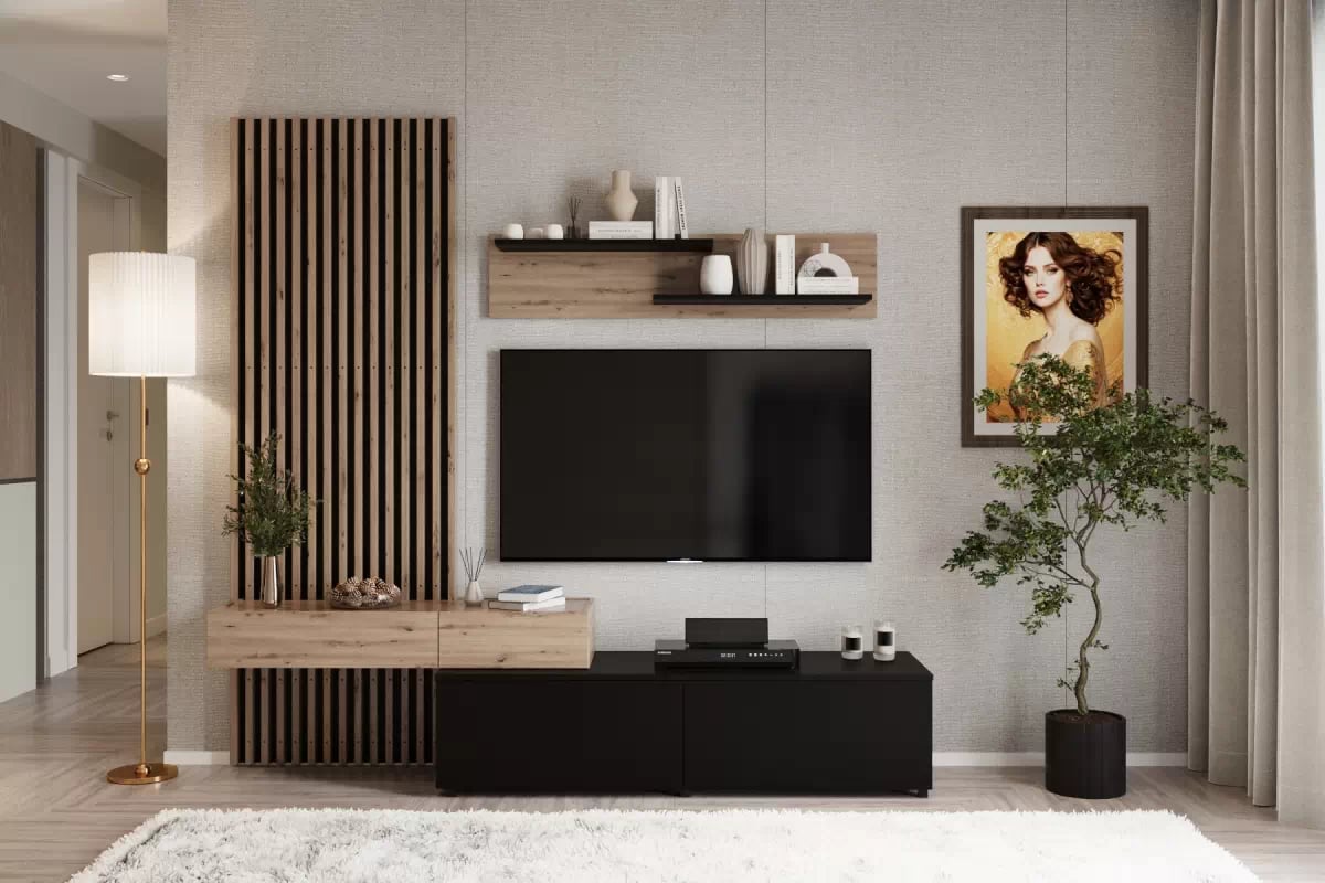 Obývací stěna Lucimo 210 cm s lamelami - černá / dub artisan Obývací stěna z lamelami Lucimo 200 cm - černá / dub artisan