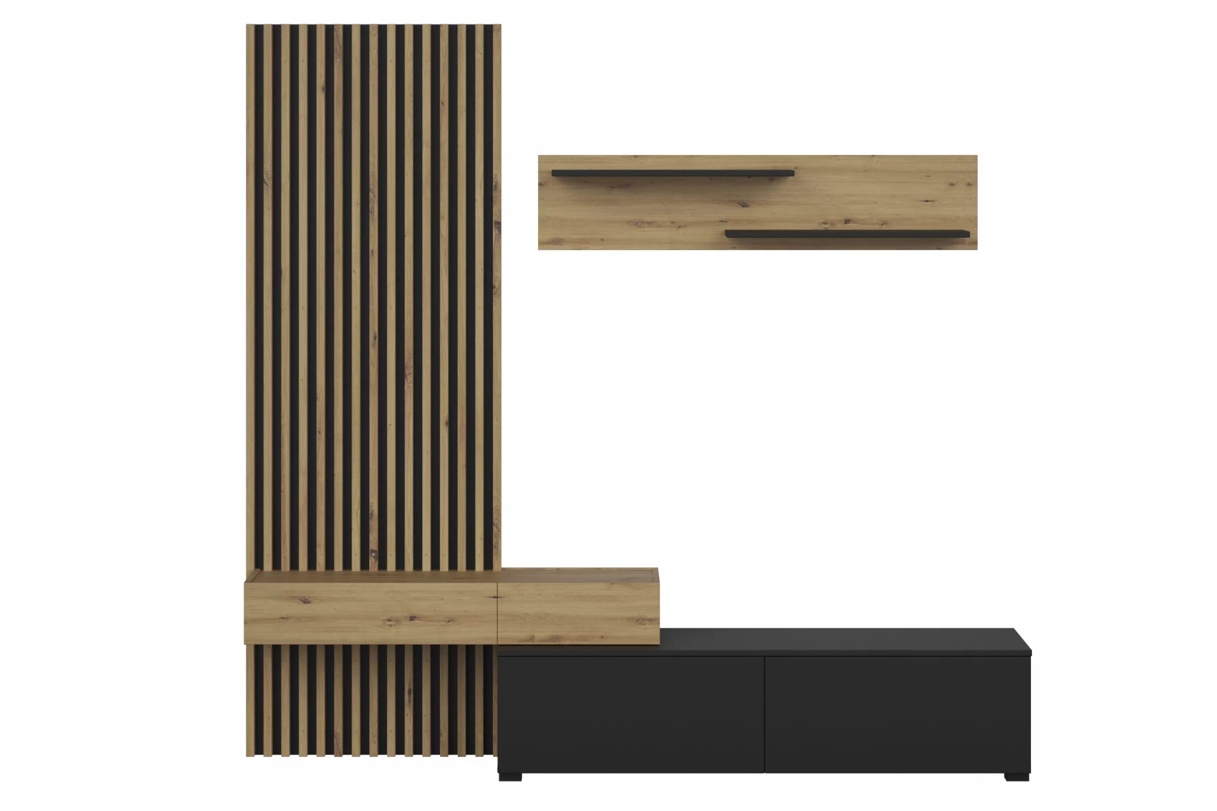 Obývací stěna Lucimo 210 cm s lamelami - černá / dub artisan Obývací stěna z lamelami Lucimo 200 cm - černá / dub artisan