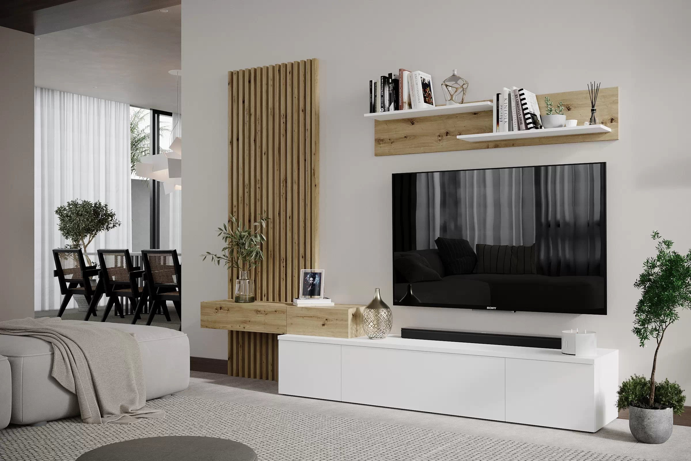 Obývacia stena Lucimo 250 cm s lamelami - biela / dub artisan Obývacia stena z lamelami Lucimo 250 cm - Biely / Dub artisan