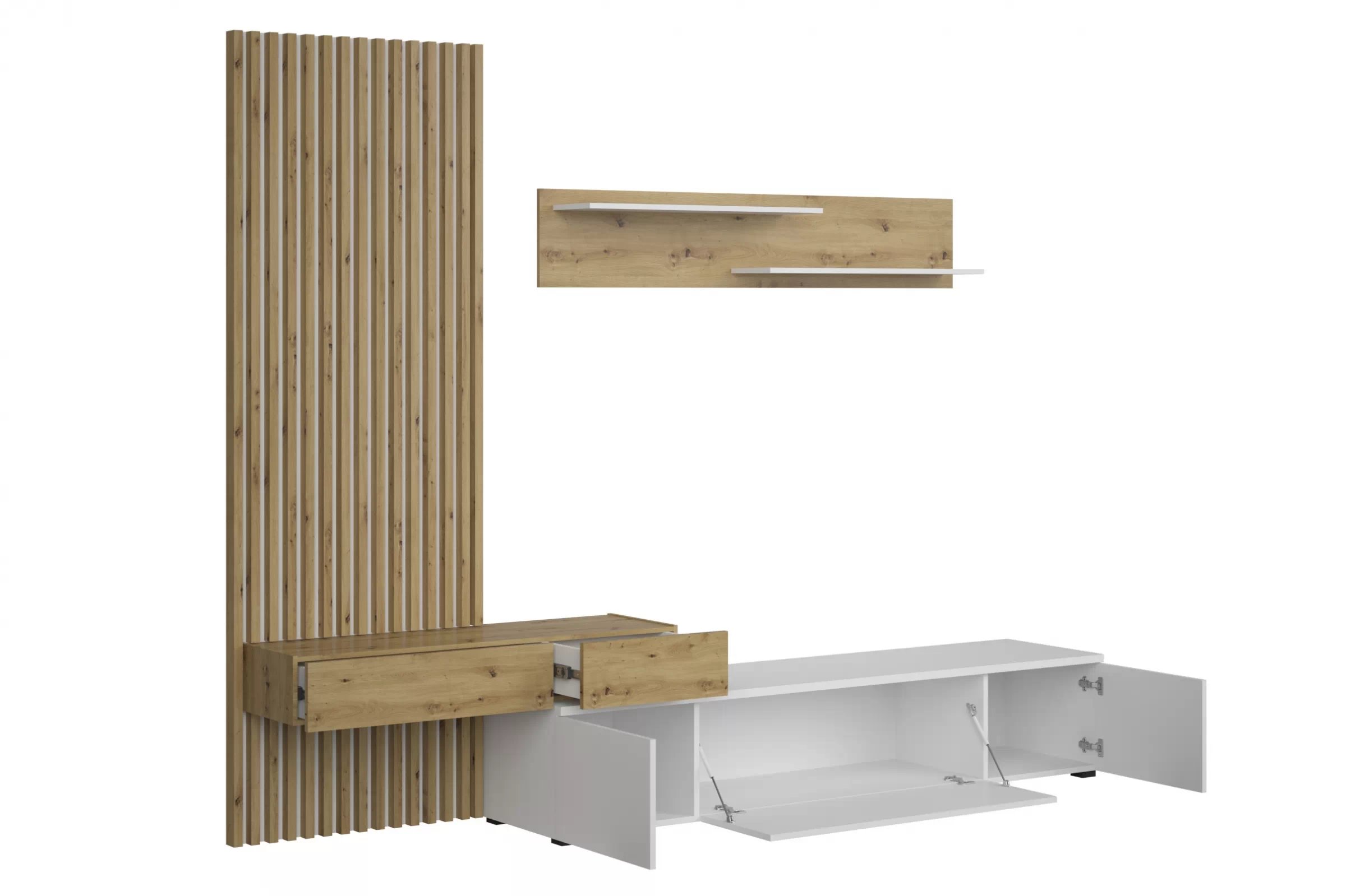 Obývacia stena Lucimo 250 cm s lamelami - biela / dub artisan Obývacia stena z lamelami Lucimo 250 cm - Biely / Dub artisan