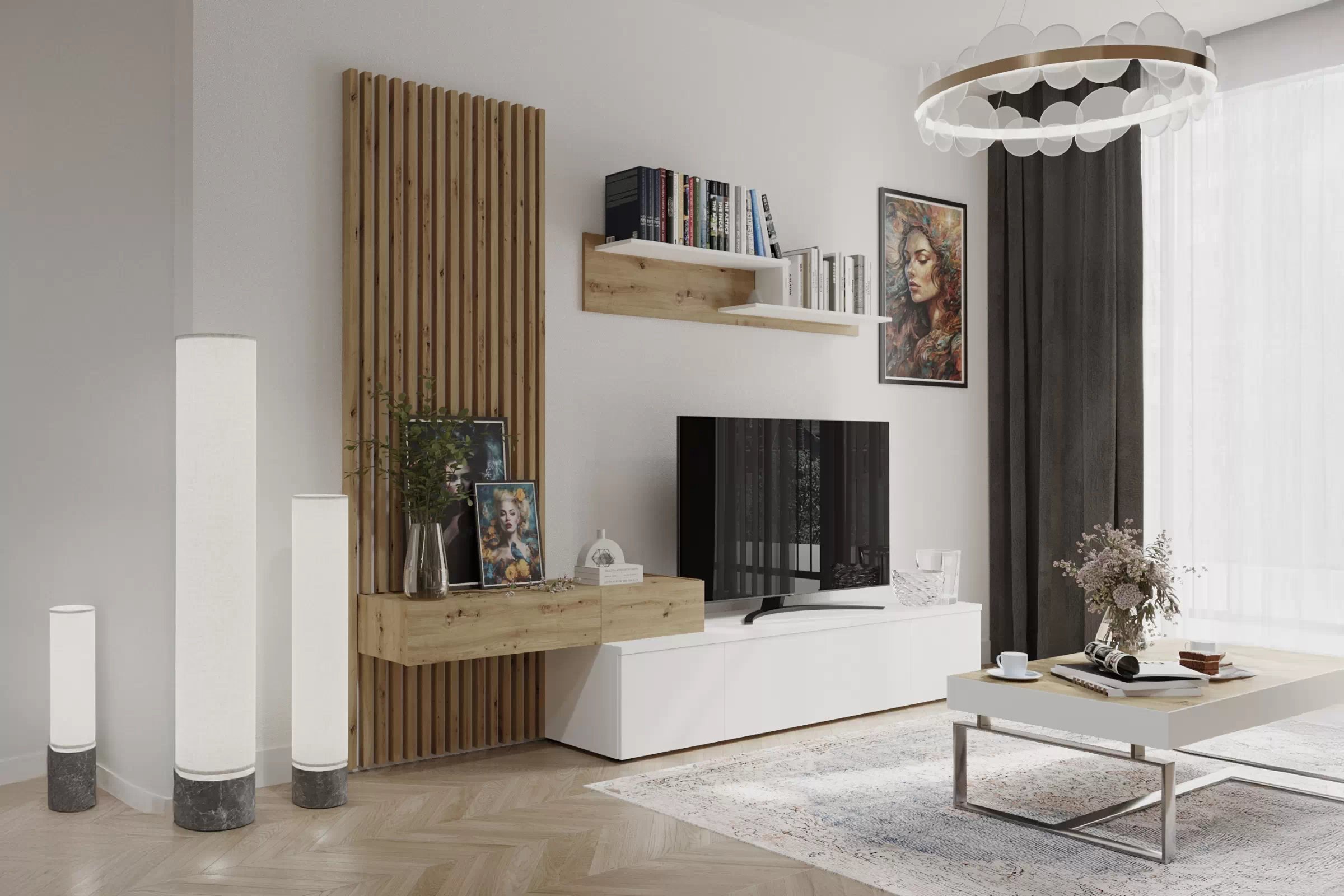 Obývacia stena Lucimo 250 cm s lamelami - biela / dub artisan Obývacia stena z lamelami Lucimo 250 cm - Biely / Dub artisan