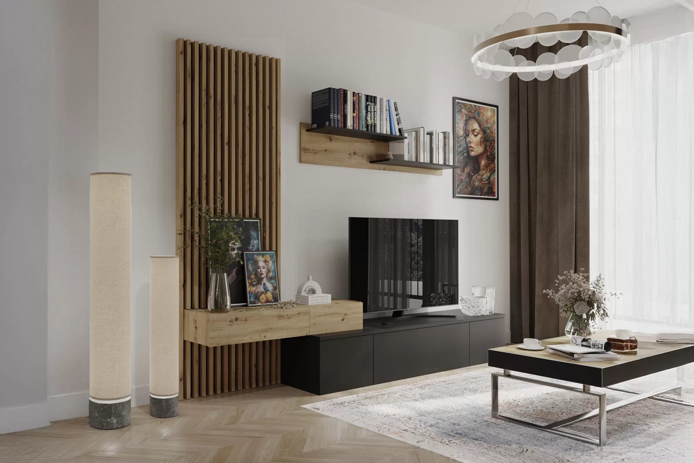 Obývacia stena Lucimo 250 cm s lamelami – čierna / dub artisan Obývacia stena z lamelami Lucimo 250 cm - Čierny / Dub artisan