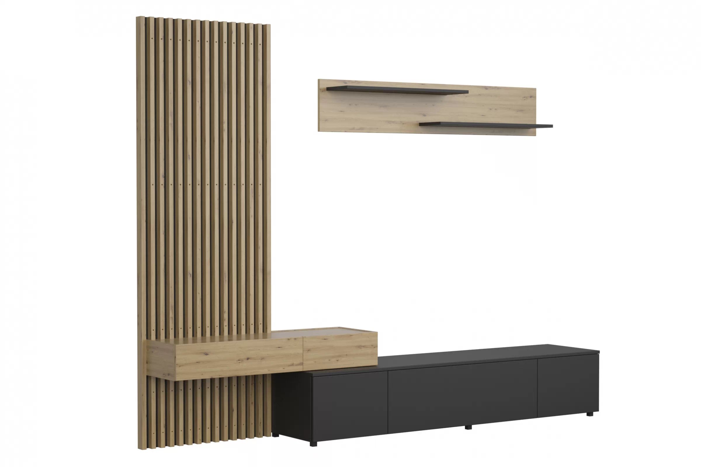 Obývacia stena Lucimo 250 cm s lamelami – čierna / dub artisan Obývacia stena z lamelami Lucimo 250 cm - Čierny / Dub artisan