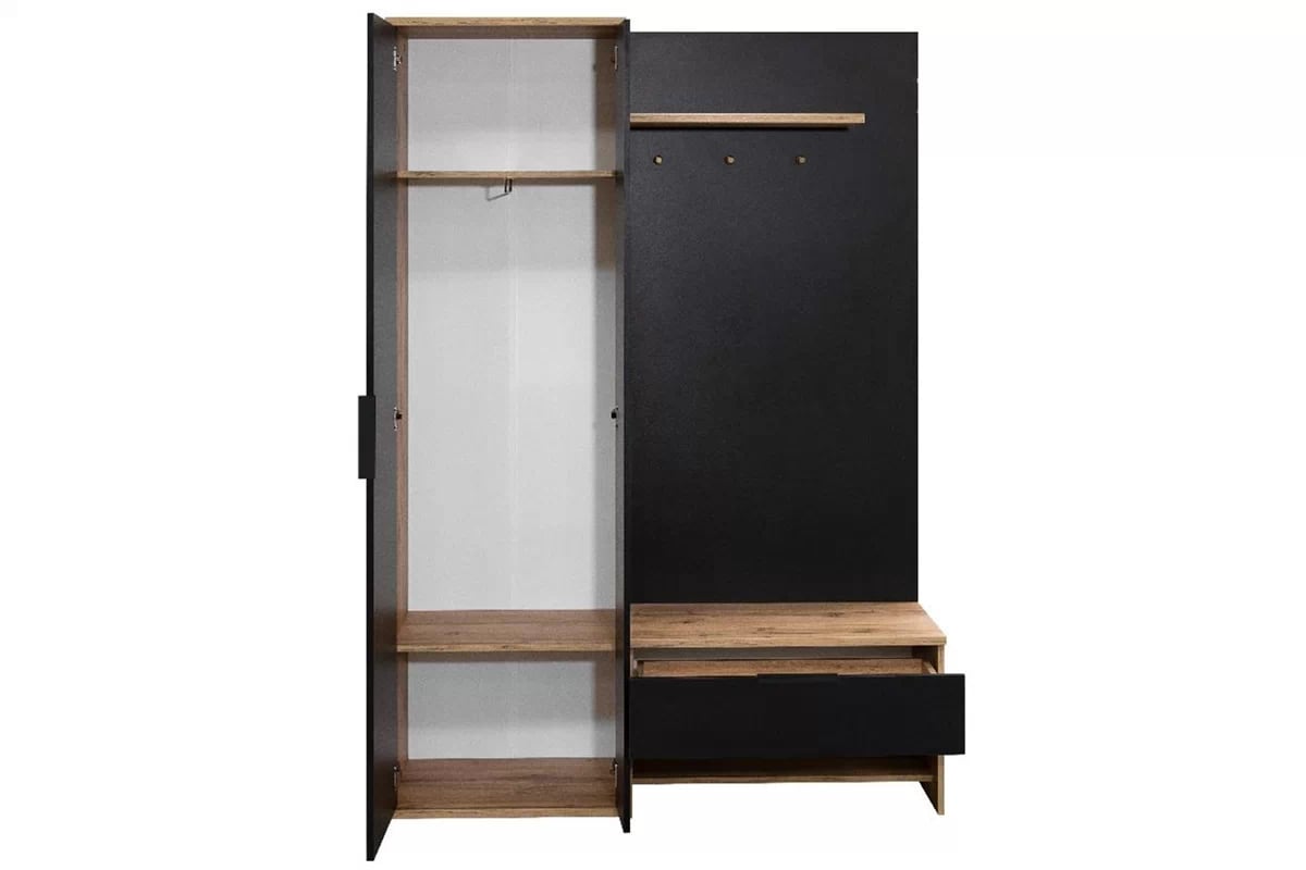 Předsíňová skříň se sedákem a zrcadlem 140 cm - černá / dub wotan šatní skříň do předsíně se sedákem i zrcadlem 140 cm - Černý / Dub wotan