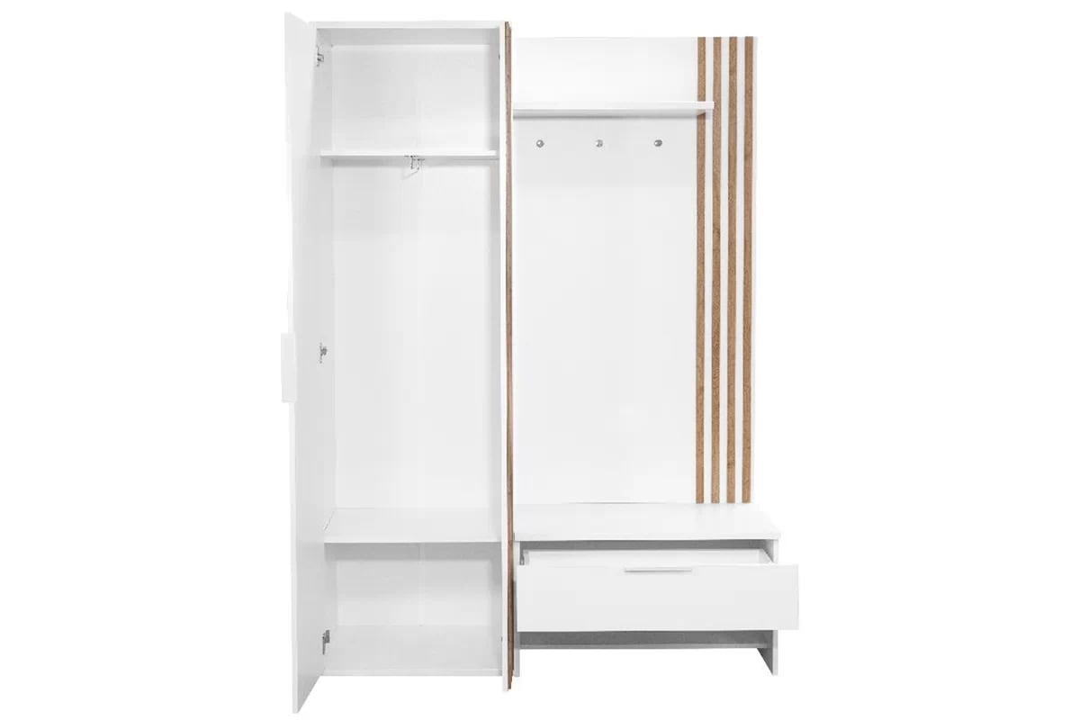 Předsíňová skříň s lamelami, sedákem a zrcadlem 140 cm - bílá / dub wotan šatní skříň do předsíně z lamelami se sedákem i zrcadlem 140 cm - Bílý / Dub wotan