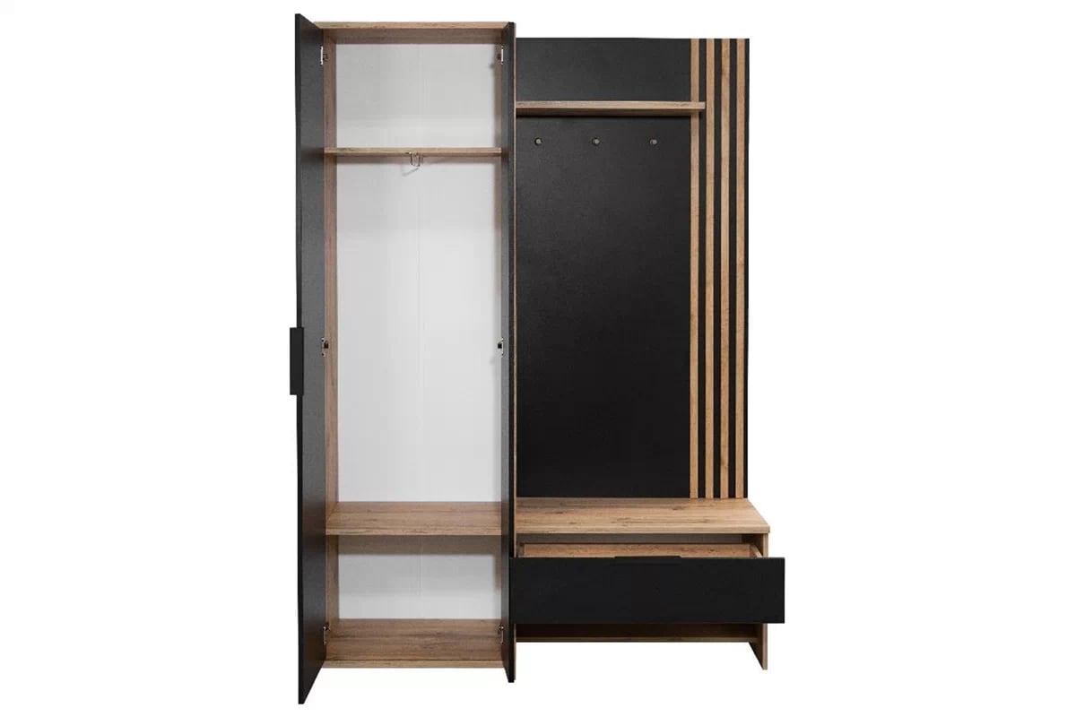 Předsíňová skříň s lamelami, sedákem a zrcadlem 140 cm - černá / dub wotan šatní skříň do předsíně z lamelami se sedákem i zrcadlem 140 cm - Černý / Dub wotan