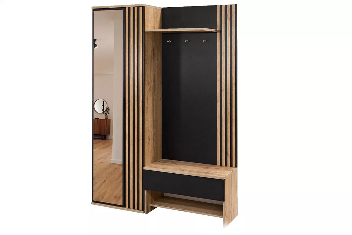 Předsíňová skříň s lamelami, sedákem a zrcadlem 140 cm - černá / dub wotan šatní skříň do předsíně z lamelami se sedákem i zrcadlem 140 cm - Černý / Dub wotan