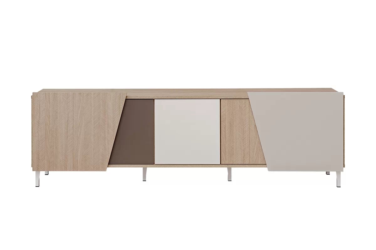 TV stolek Miraza 180 cm - skandinávská rybina / béžová / bílá / hnědá Skříňka RTV z geometrycznymi drzwiami Miraza 180 cm - jodelka skandi / Béžová / Bílý / Hnědá