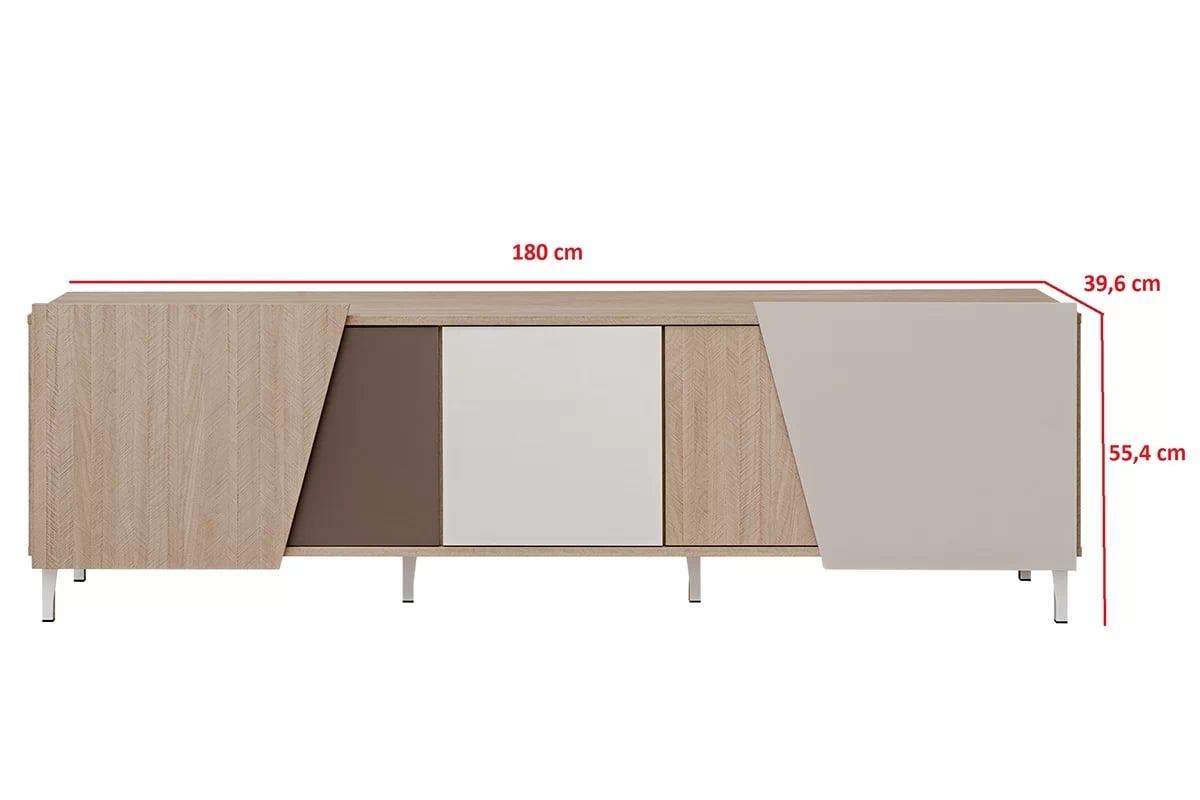TV stolek Miraza 180 cm - skandinávská rybina / béžová / bílá / hnědá Skříňka RTV z geometrycznymi drzwiami Miraza 180 cm - jodelka skandi / Béžová / Bílý / Hnědá - Rozměry
