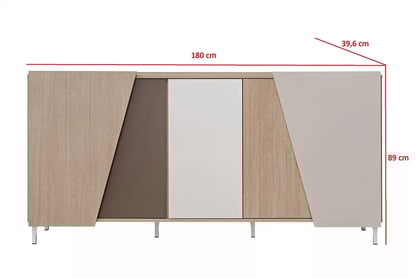 Komoda Miraza 180 cm geometrická - škandinávska rybia kosť / béžová / biela / hnedá Komoda z geometrycznymi drzwiami Miraza 180 cm - jodelka skandi / Béžová / Biely / Hnedá - Rozmery