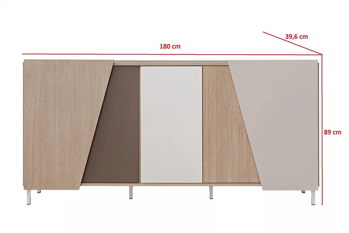 Komoda Miraza 180 cm geometrická - škandinávska rybia kosť / béžová / biela / hnedá Komoda z geometrycznymi drzwiami Miraza 180 cm - jodelka skandi / Béžová / Biely / Hnedá - Rozmery