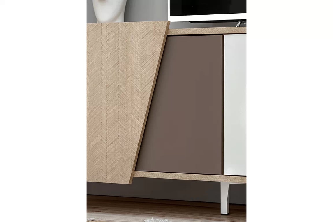TV skrinka Miraza 180 cm geometrická - škandinávska rybia kosť / béžová / biela / hnedá TV skrinka z geometrycznymi drzwiami Miraza 180 cm - jodelka skandi / Béžová / Biely / Hnedá - detal