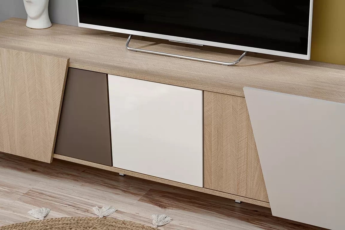 TV skrinka Miraza 180 cm geometrická - škandinávska rybia kosť / béžová / biela / hnedá TV skrinka z geometrycznymi drzwiami Miraza 180 cm - jodelka skandi / Béžová / Biely / Hnedá - asymetryczne predná časť