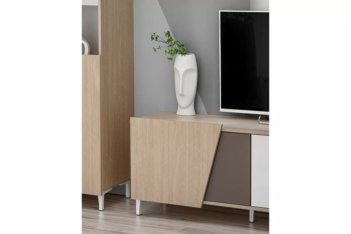 TV stolek Miraza 180 cm - skandinávská rybina / béžová / bílá / hnědá Skříňka RTV z geometrycznymi drzwiami Miraza 180 cm - jodelka skandi / Béžová / Bílý / Hnědá - biale Nohy