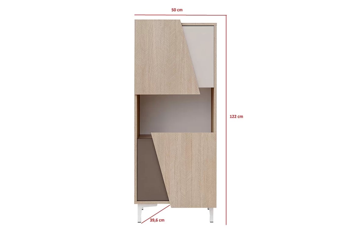 Regál Miraza 50 cm - skandinávská rybina / béžová / bílá / hnědá Regál niski z geometrycznymi drzwiami Miraza - jodelka skandi / Béžová / Bílý / Hnědá - Rozměry