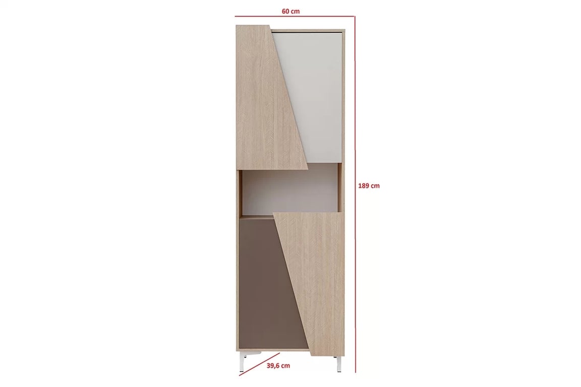 Regál Miraza 60 cm - skandinávská rybina / béžová / bílá / hnědá Regál vysoký z geometrycznymi drzwiami Miraza - jodelka skandi / Béžová / Bílý / Hnědá - Rozměry