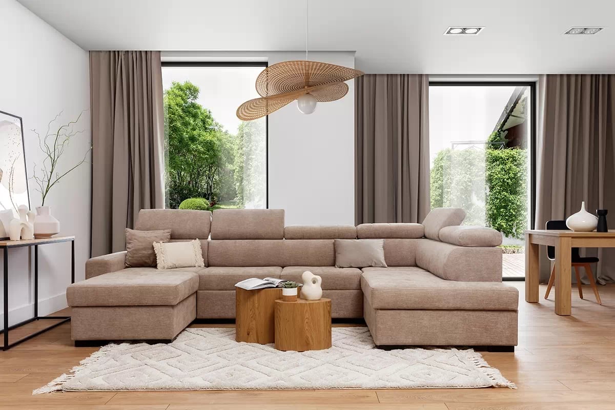 Rozkladacia rohová sedacia súprava Modeno U II Hnedý Rohová sedacia súprava Modeno U z regulowanymi zaglowkami 