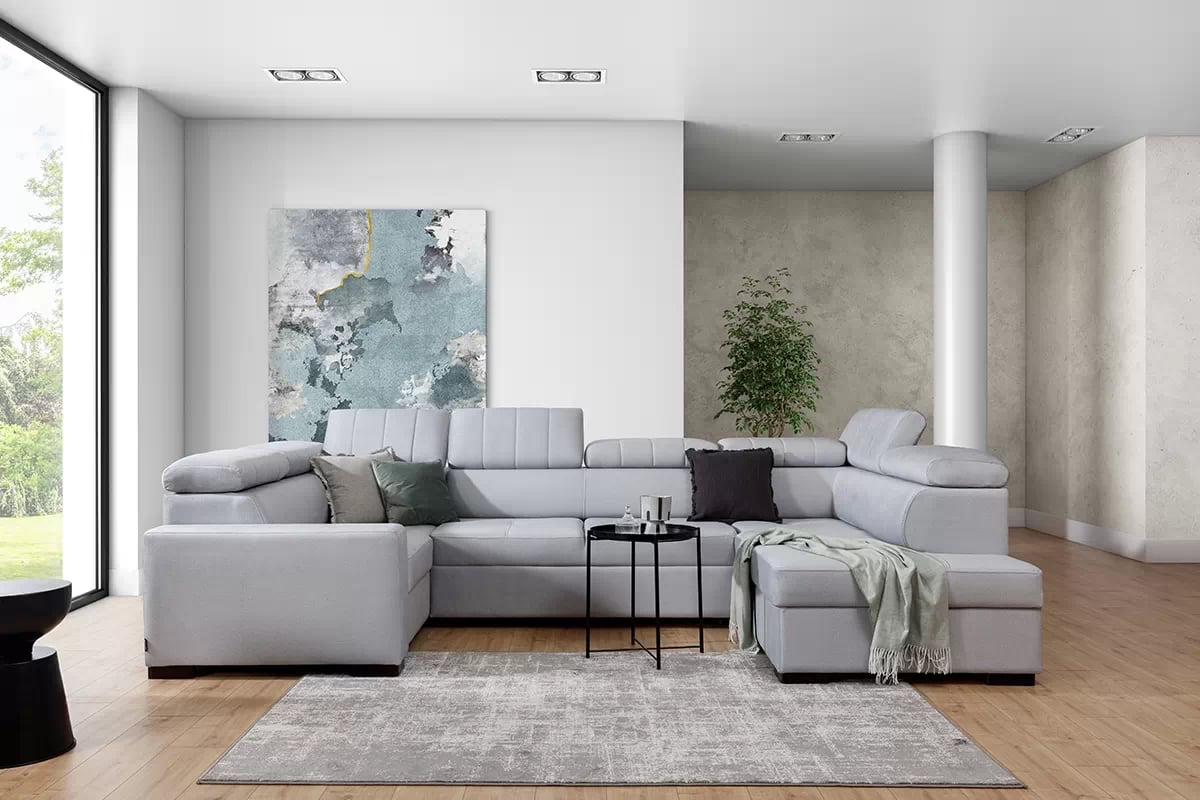Rozkládací rohová sedací souprava Modeno U šedý Rohová sedací souprava z regulowanymi zaglowkami, pro nowoczesnego salonu 