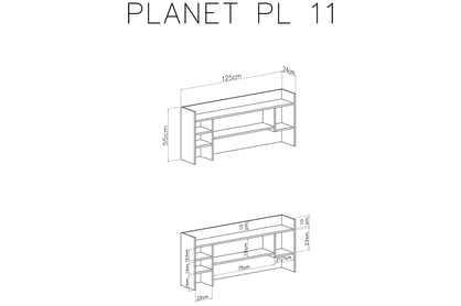 Nástavec na psací stůl Planet 11 - 125 cm - bílá lux / dub / mořská Skříňka nad Psací stůl do mládež Planet 11 - Bílý lux / Dub / Mořský - schemat