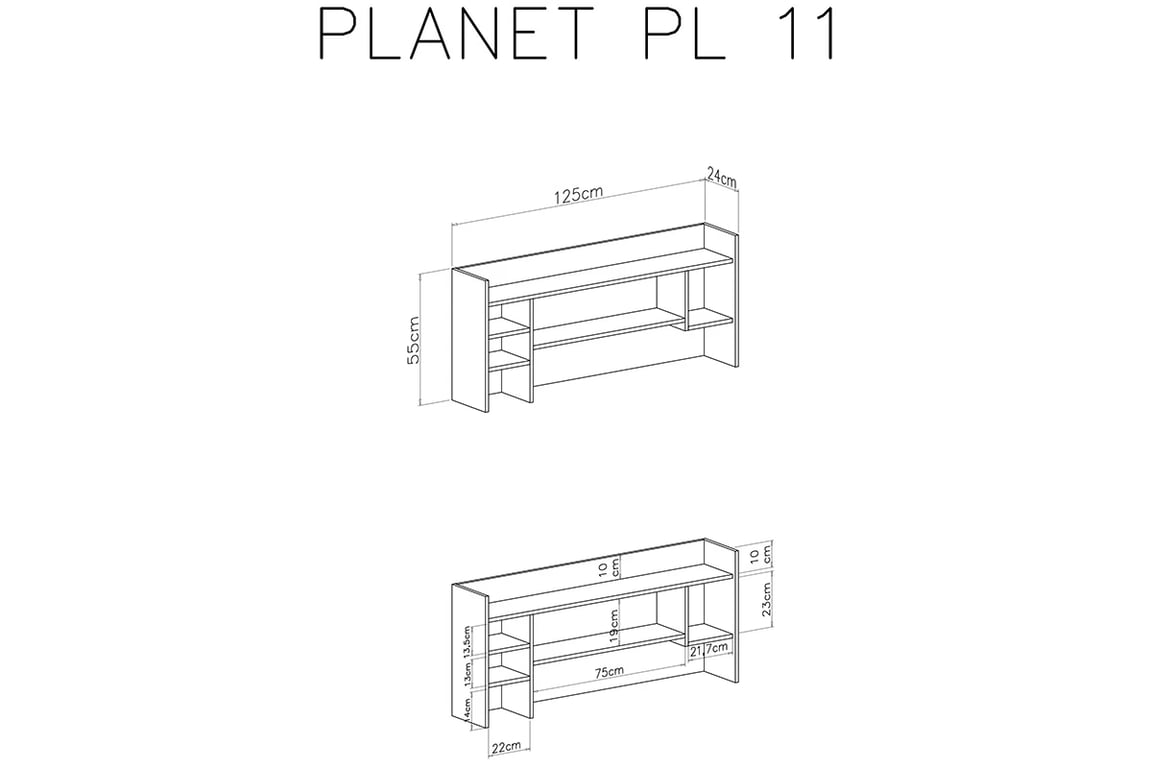 Nástavec na psací stůl Planet 11 - 125 cm - bílá lux / dub / mořská Skříňka nad Psací stůl do mládež Planet 11 - Bílý lux / Dub / Mořský - schemat