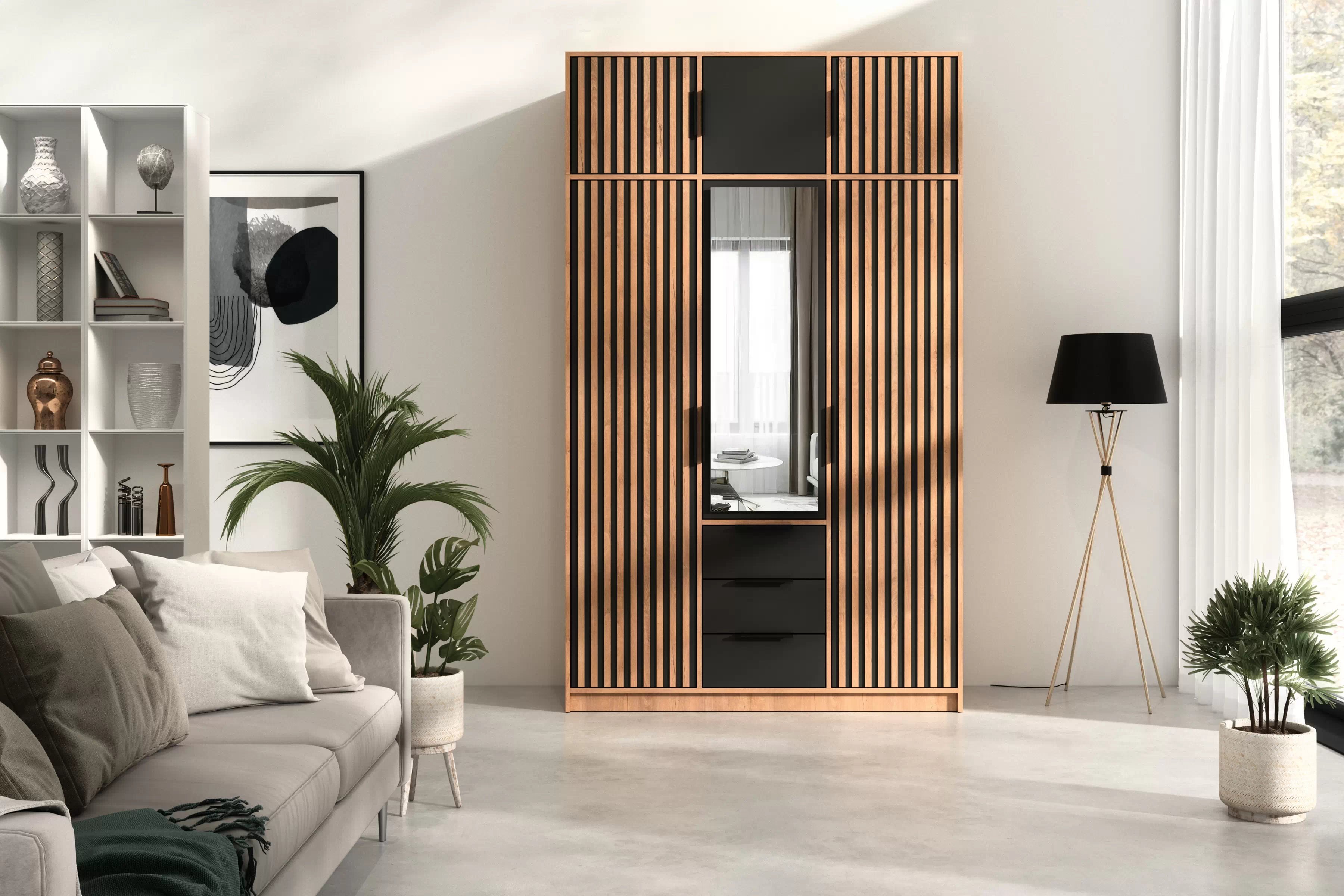 Nadstavec do skrine Bali 147 cm s lamelami - dub wotan / čierna Nadstavec do Skrine Lutori z lamelami - Dub wotan / Čierny