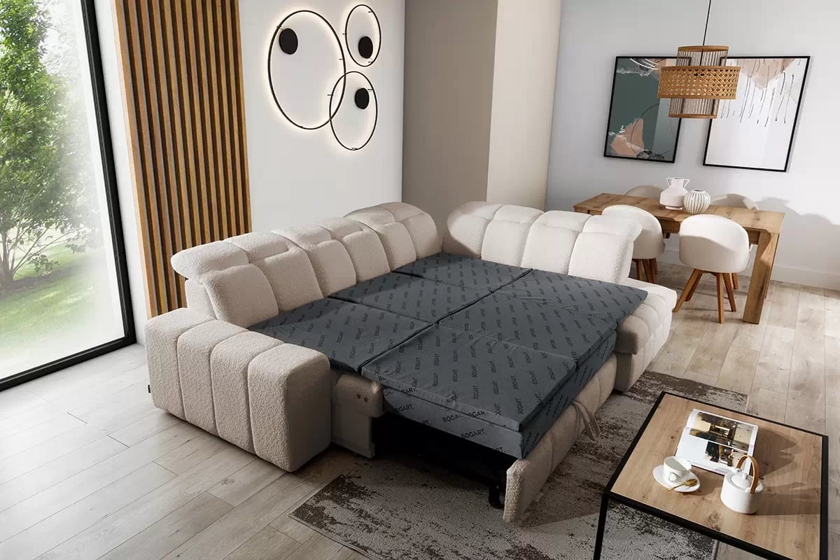 Rozkladacia rohová sedačka Magnelio L pravá s el. výsuvom - béžové buklé Catch Me 2 Rohová sedacia súprava pravá strana rozkladany z elektrycznie wysuwanym siedziskien Magnelio L - béžový Catch me 2