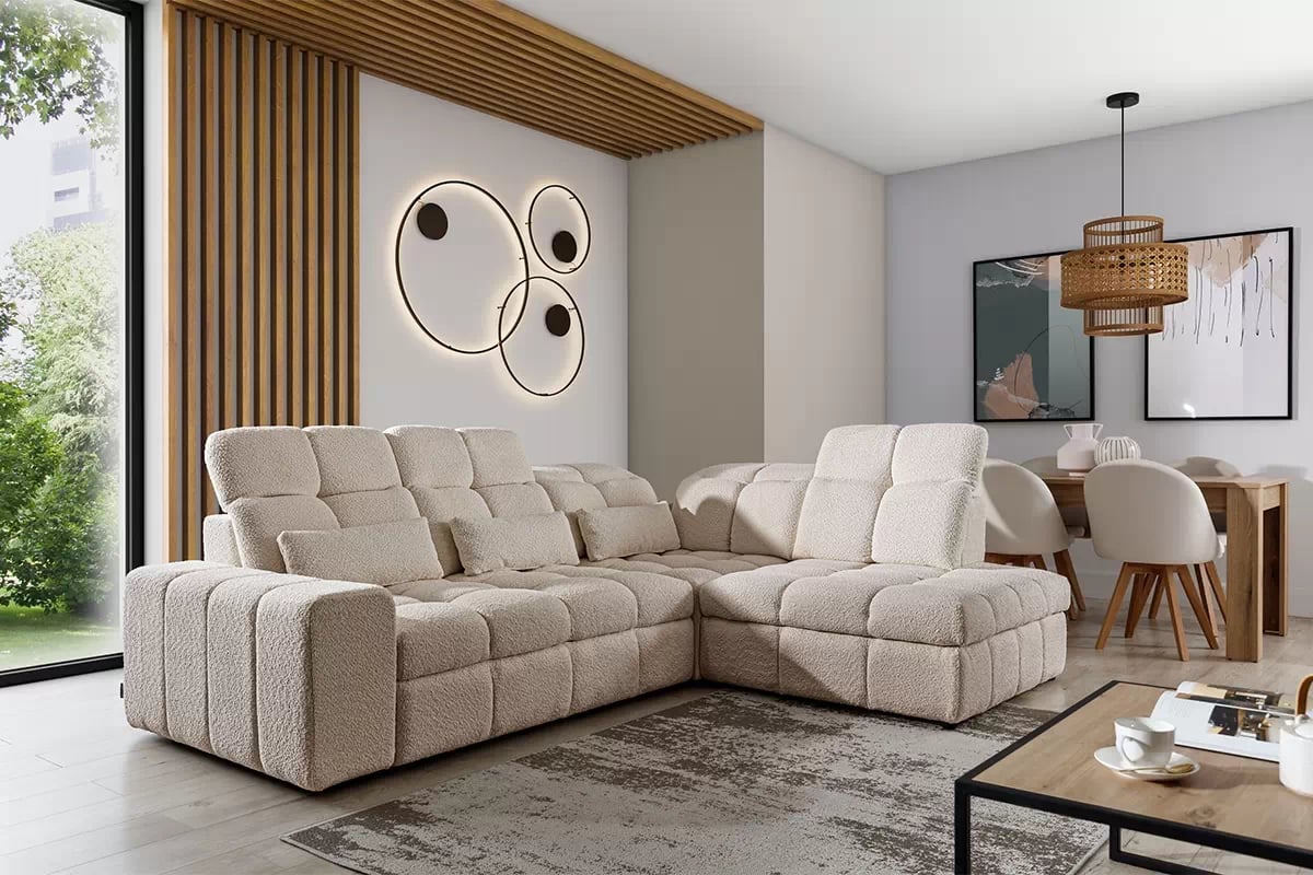 Rozkladacia rohová sedačka Magnelio L pravá s el. výsuvom - béžové buklé Catch Me 2 Rohová sedacia súprava pravá strana rozkladany z elektrycznie wysuwanym siedziskien Magnelio L - béžový Catch me 2 