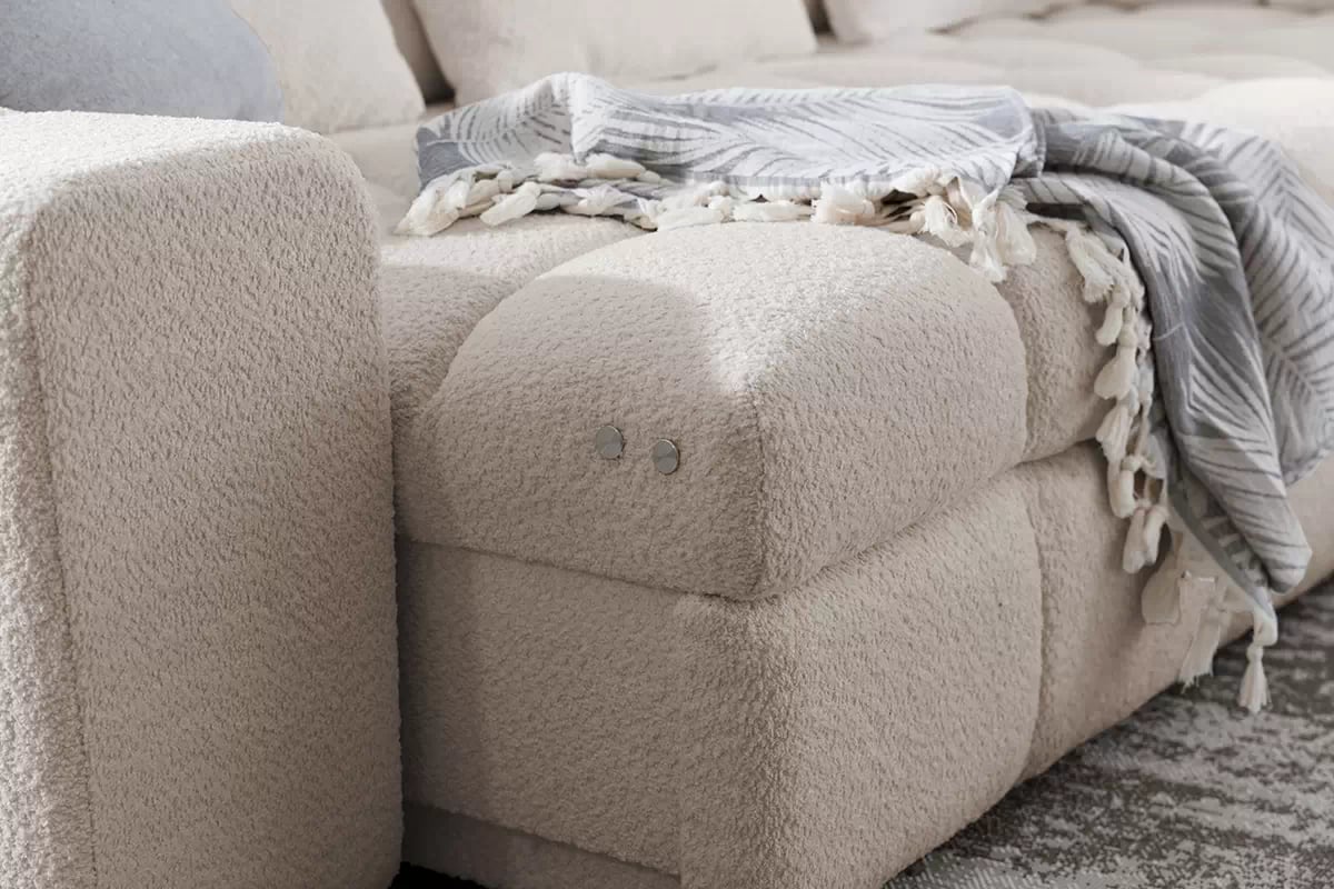 Rozkladacia rohová sedačka Magnelio L pravá s el. výsuvom - béžové buklé Catch Me 2 Rohová sedacia súprava pravá strana rozkladany z elektrycznie wysuwanym siedziskien Magnelio L - béžový Catch me 2