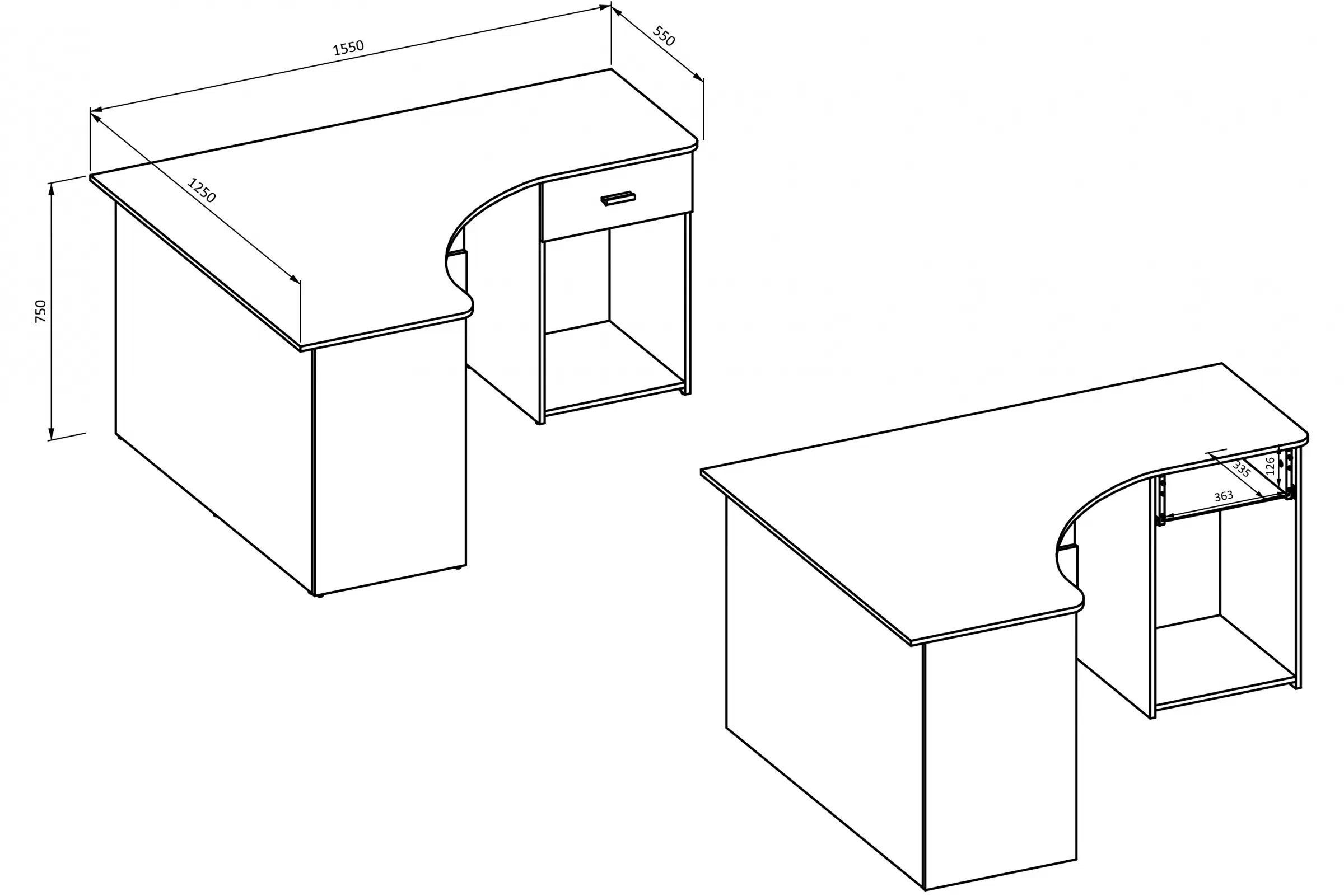 Rohový psací stůl Corner 155x125 cm se zásuvkou a přihrádkou - bílá Narozne psací stůl Corner z szuflada i wneka - bílá