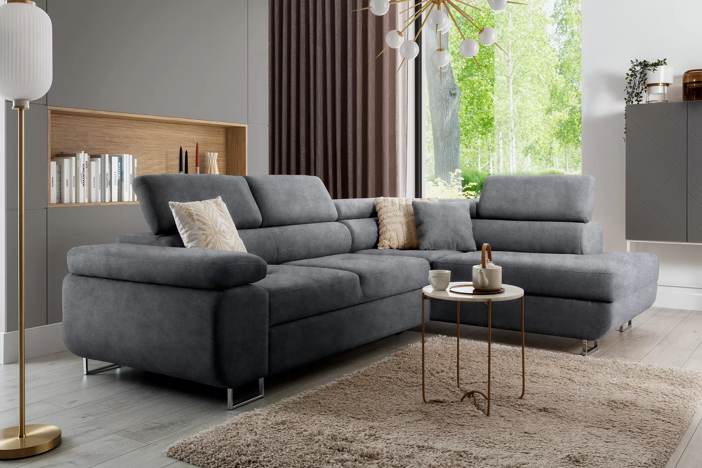 Rohová sedačka Annabelle L do obývačky pravostranná - grafitový hydrofóbny zamat Zetta 304 / chrómové nohy Rohová sedacia súprava Annabelle L do obývacej izby pravá strana - Grafitový velúr hydrofobowy Zetta 304 / nožičky chromowane 