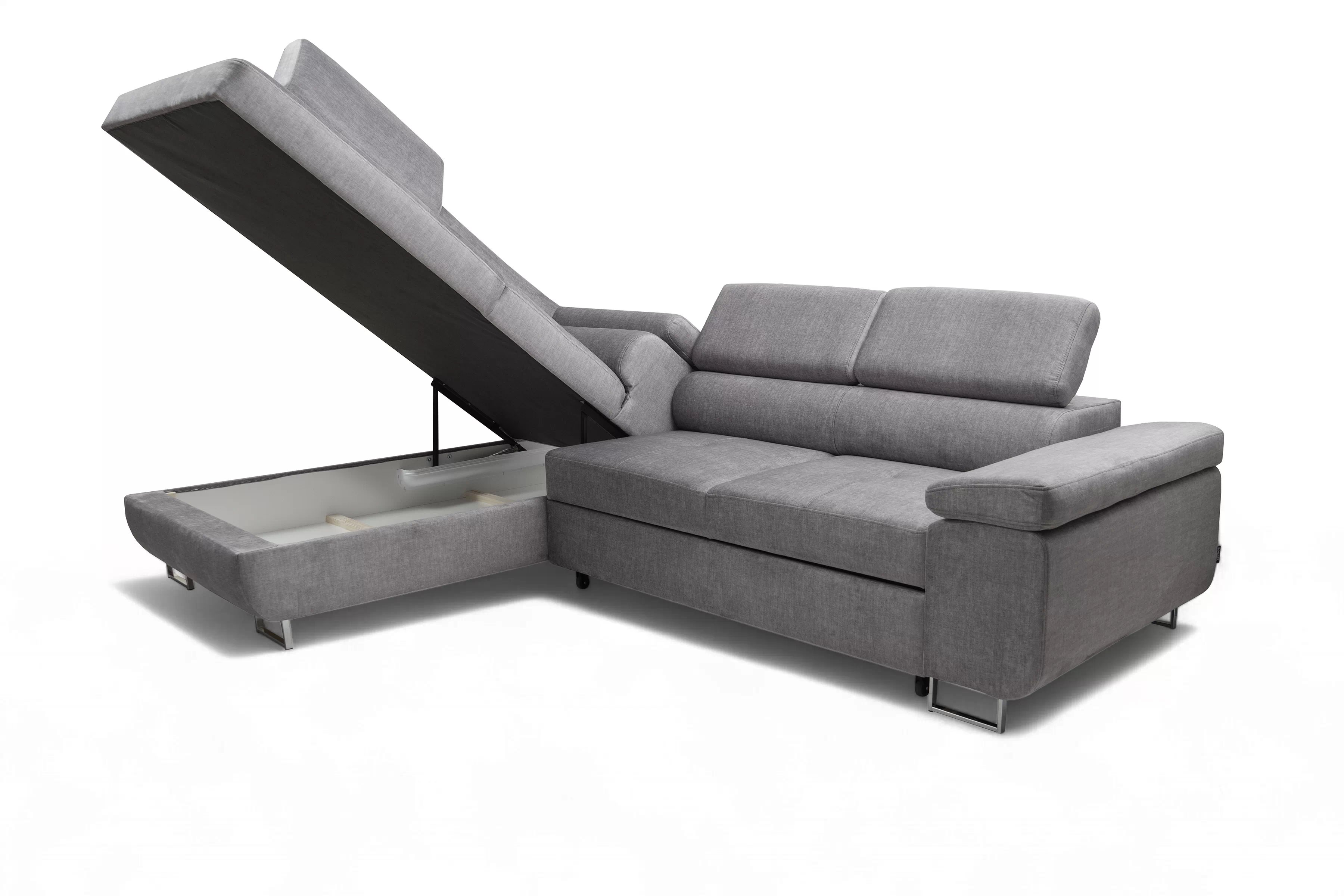 Rozkladacia rohová sedacia súprava Annabelle L ľavá - šedý velúr Vogue 14 / chrómové nožičky Rohová sedacia súprava Annabelle L s funkciou spánku Ľavá strana - šedý velúr Vogue 14 / nožičky chromowane 