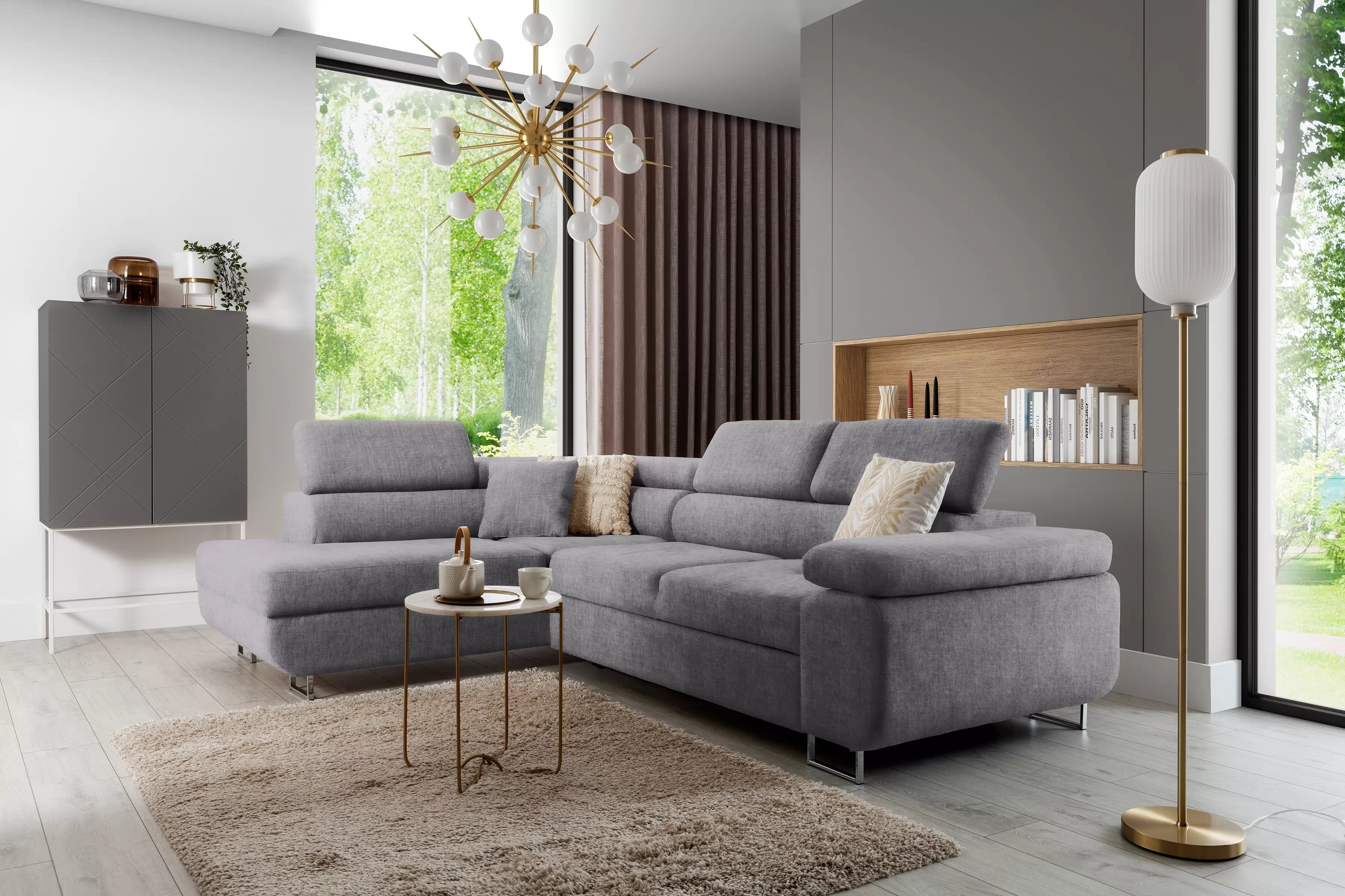 Rozkladacia rohová sedacia súprava Annabelle L ľavá - šedý velúr Vogue 14 / chrómové nožičky Rohová sedacia súprava Annabelle L s funkciou spánku Ľavá strana - šedý velúr Vogue 14 / nožičky chromowane 