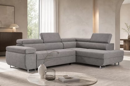 Rohová sedačka Annabelle L s funkcí spaní pravostranná - šedý samet Logan Cement / chromované nohy Rohová sedací souprava Annabelle L rozkládací pravá - šedá welwet Logan Cement