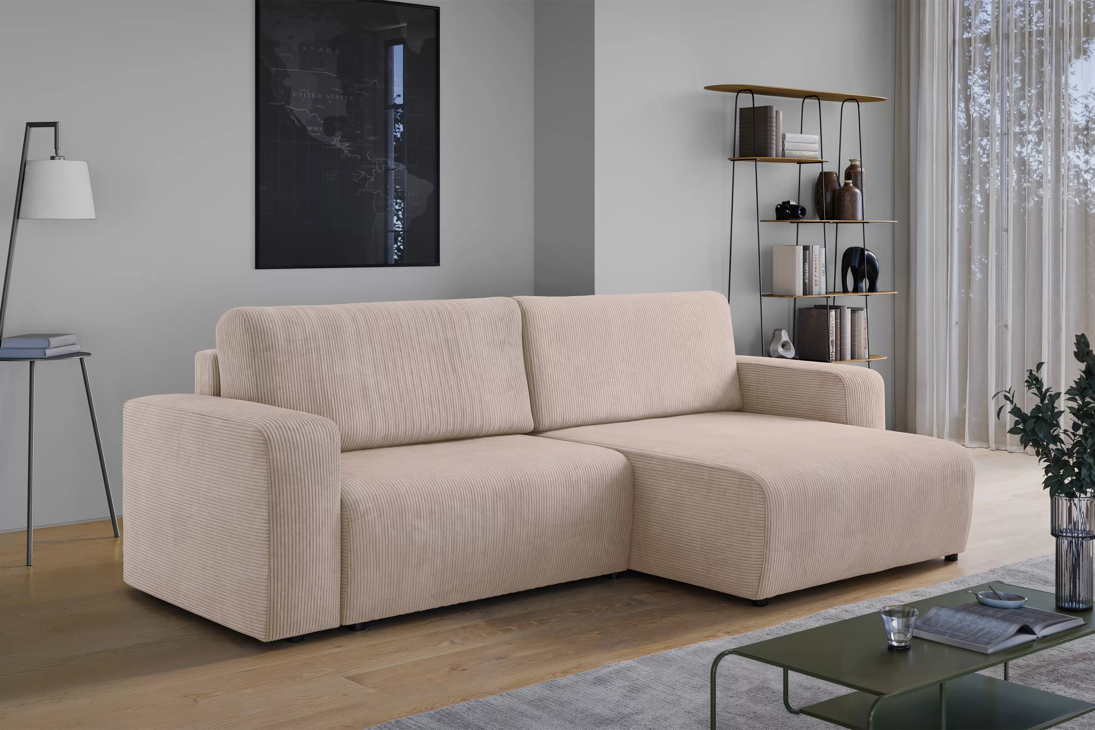 Rozkládací rohová sedací souprava Avia L - béžová Anafi 22 Rohová sedací souprava Avia L rozkládací uniwersalny prawo/levá - béžová manšestr Anafi 22